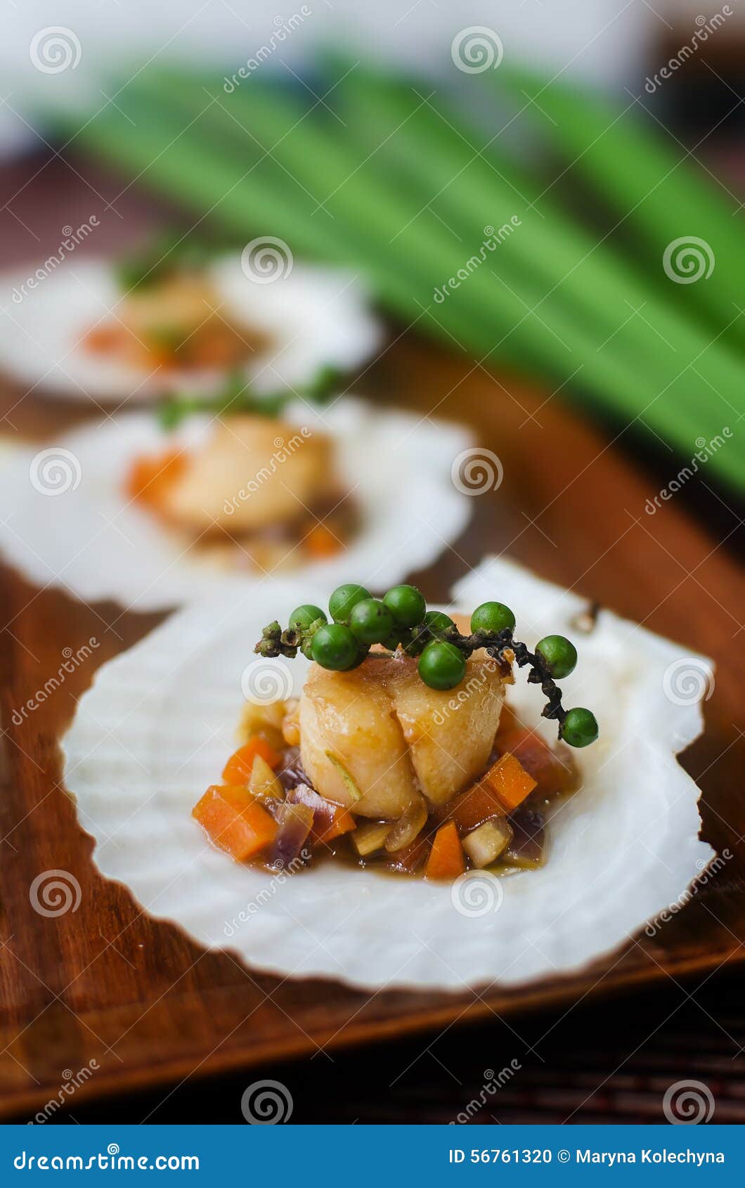 Seared Scallops with Vegetables on a Scallop Shell Stock Photo Image