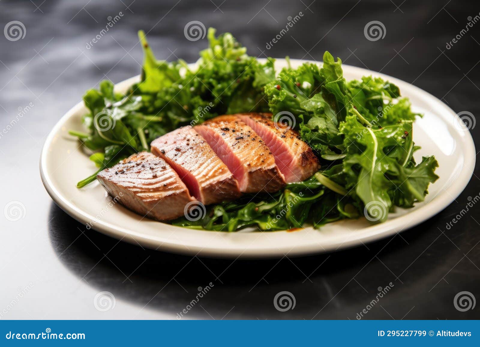 Seared Tuna Steak with a Bed of Greens on a Flat Dish Stock Image Image of presentation