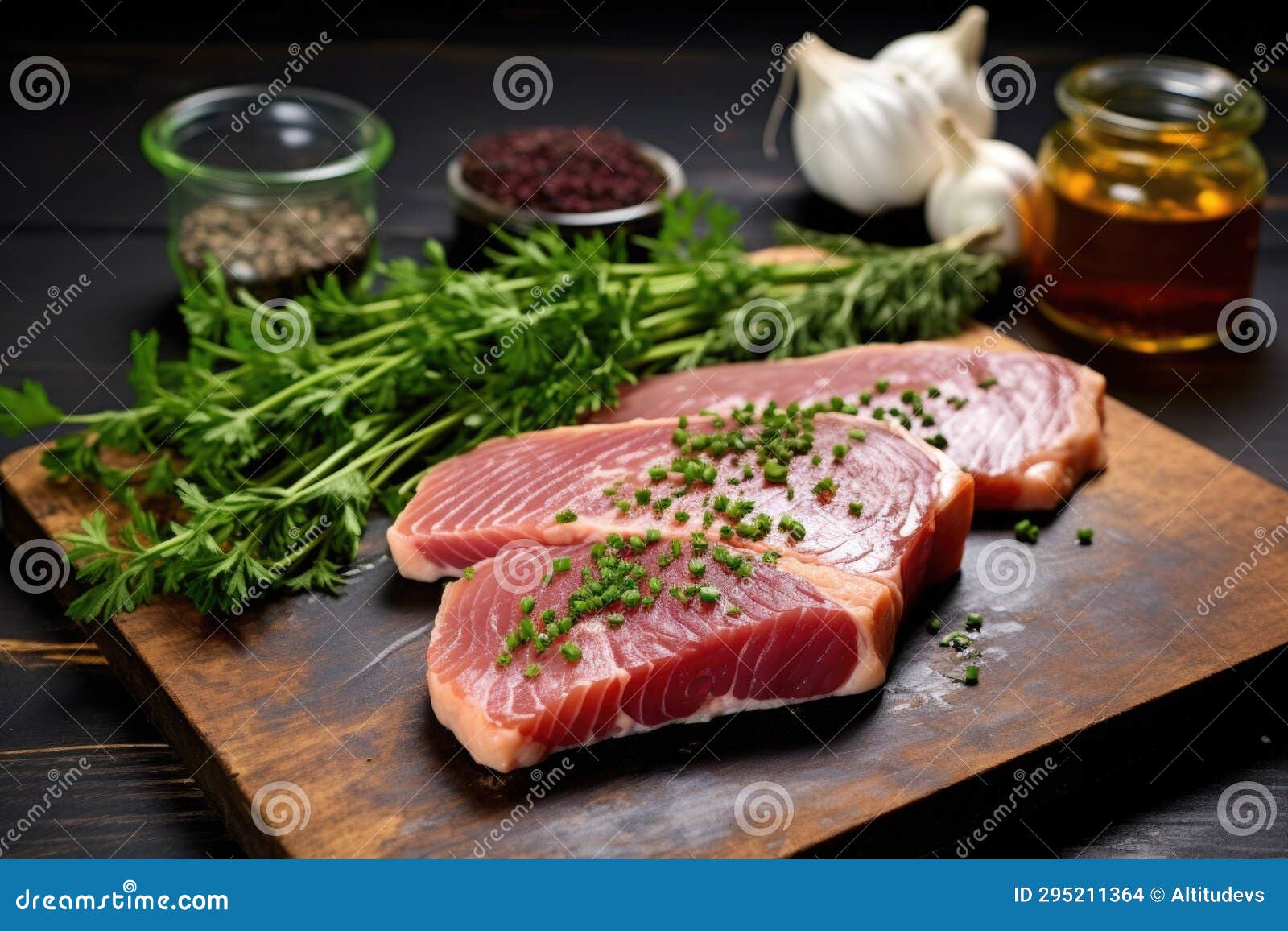 Seared Tuna Steak Next To a Pile of Fresh Herbs Stock Photo Image of