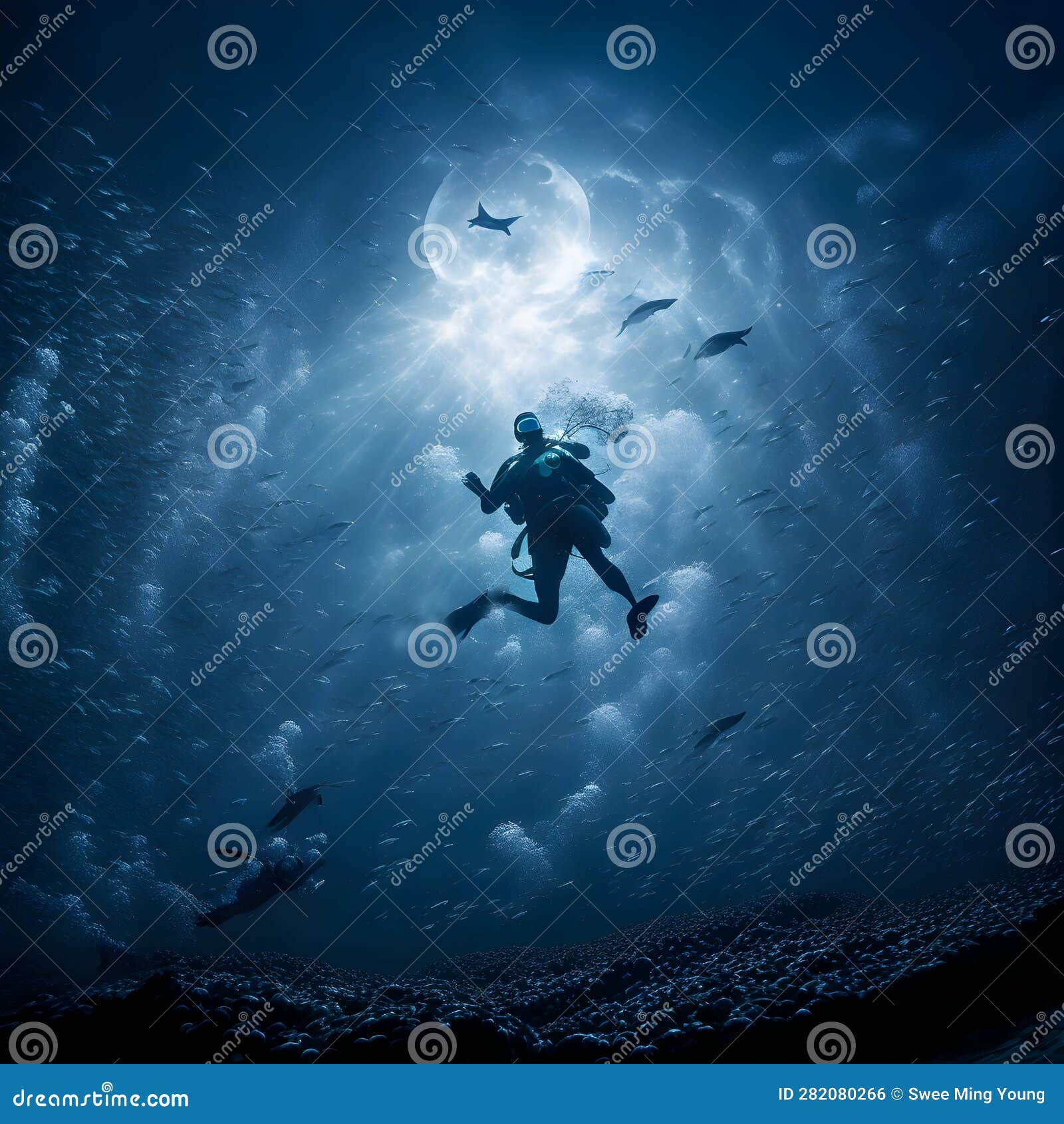 seascape image of divers swimming and exploring the depth of the ocean.