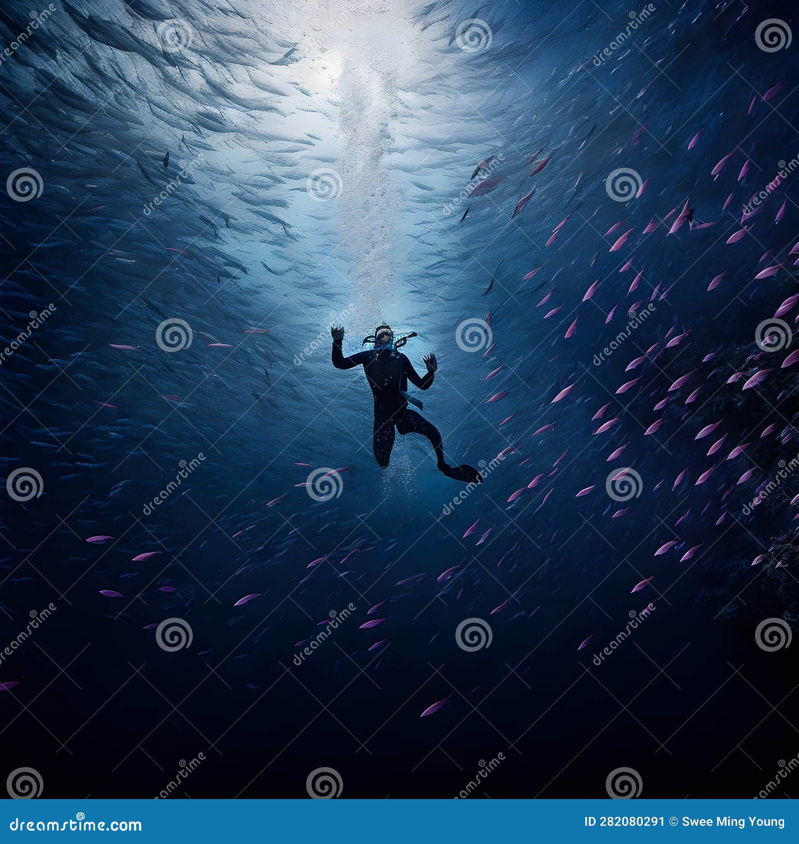 seascape image of divers swimming and exploring the depth of the ocean.