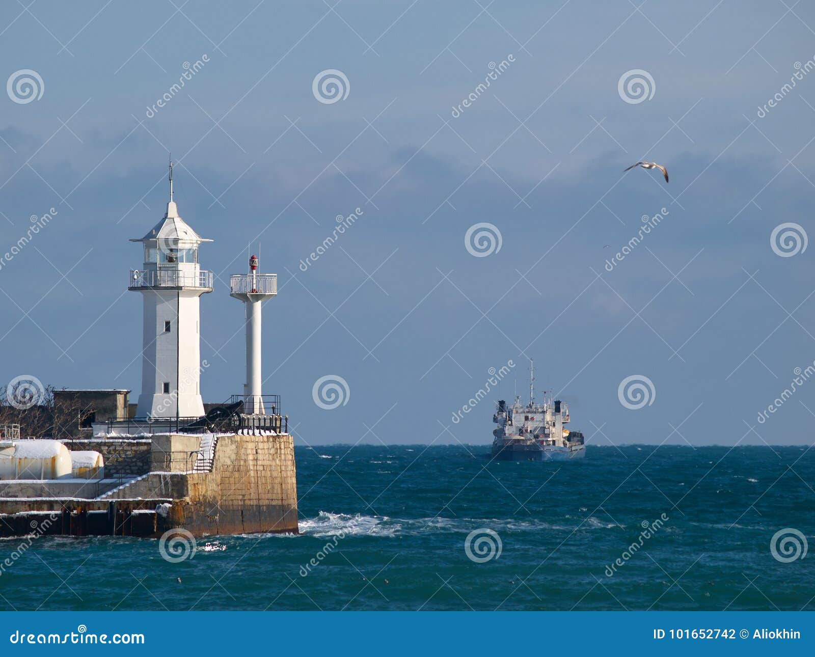 Seascape with Lighthouse and Ship Stock Photo Image of winter, cargo 101652742