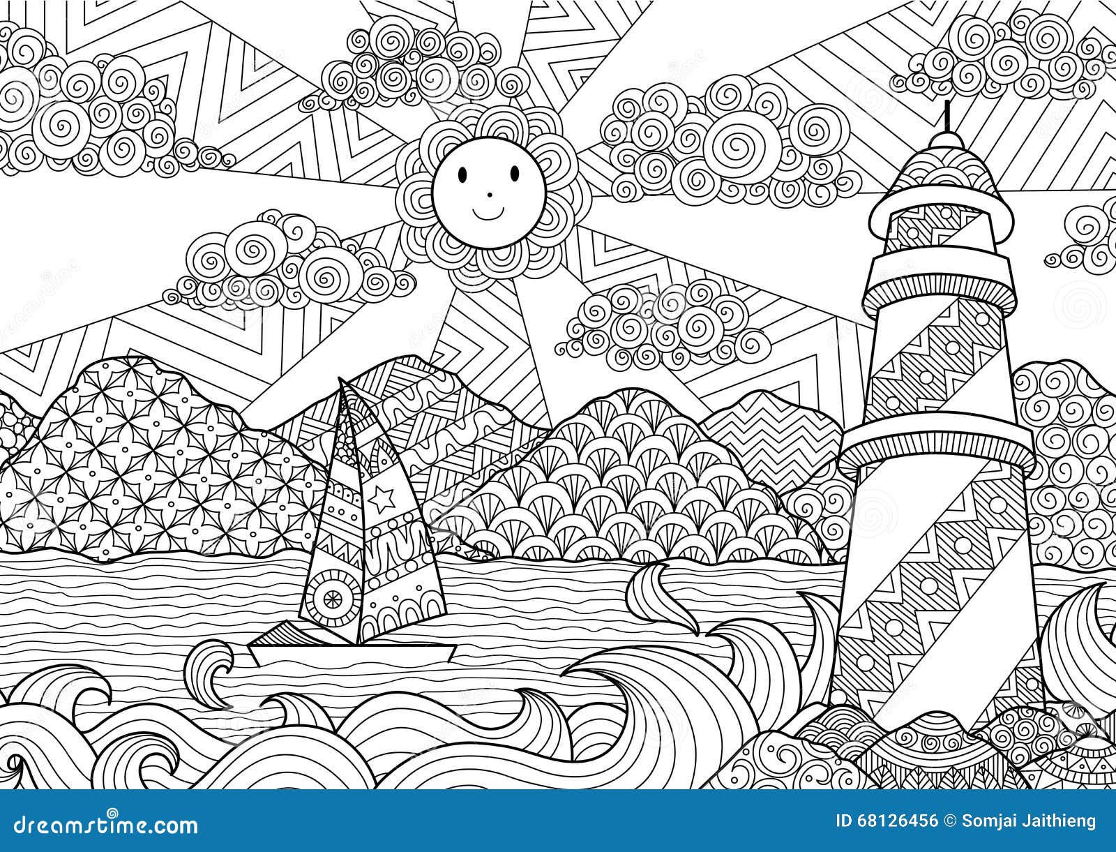 seascape line art  for coloring book for adult, anti stress coloring - stock