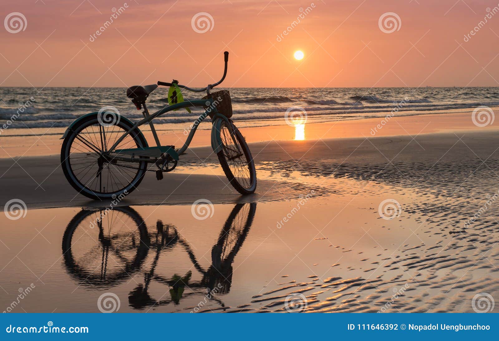 Sun Set Time with the Bicycle on the Beach Stock Photo - Image of ...