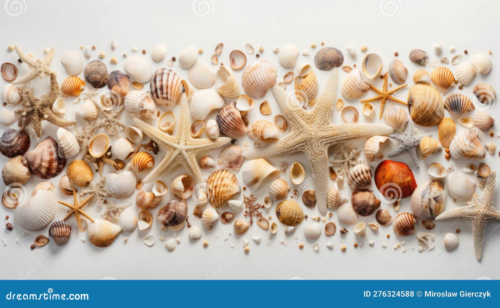 seashell and starfish collage on white background