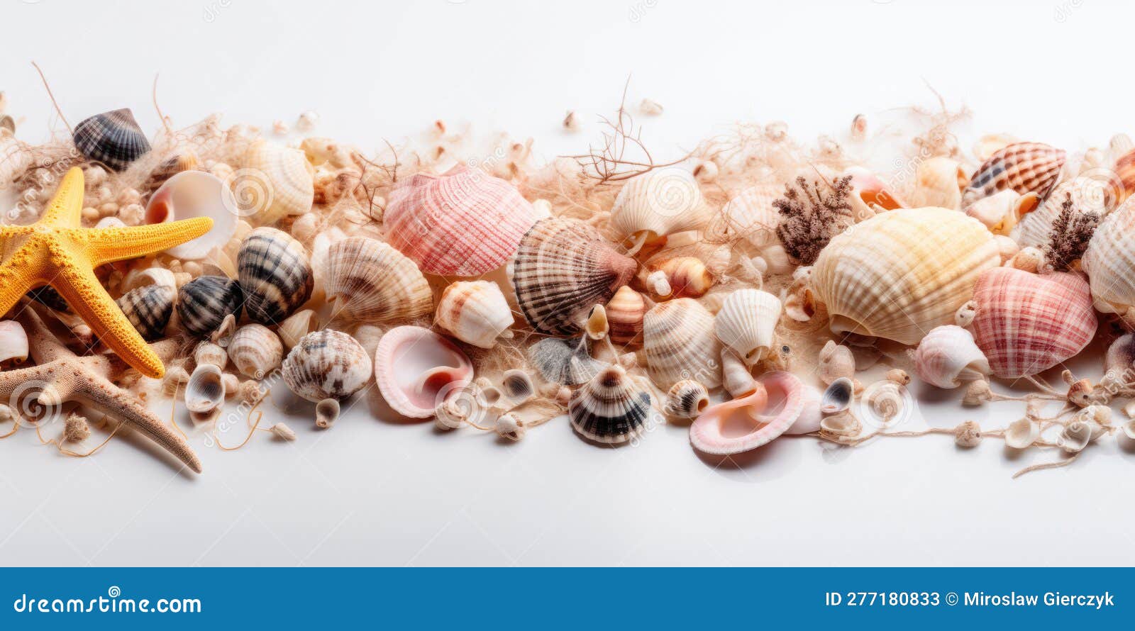 seashell and starfish collage on white background