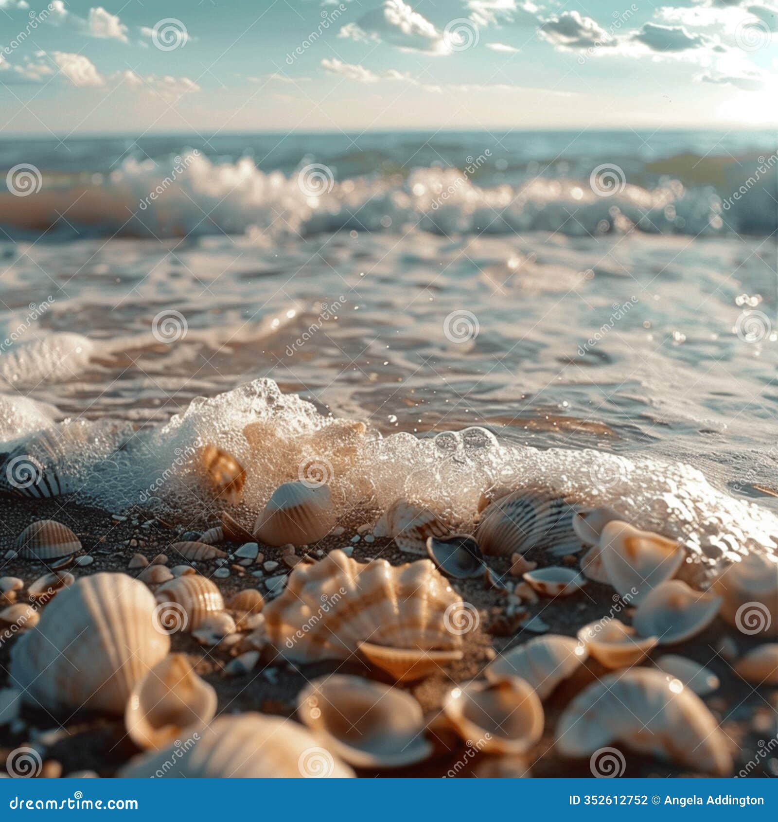 seashells on sandy beach with ocean waves