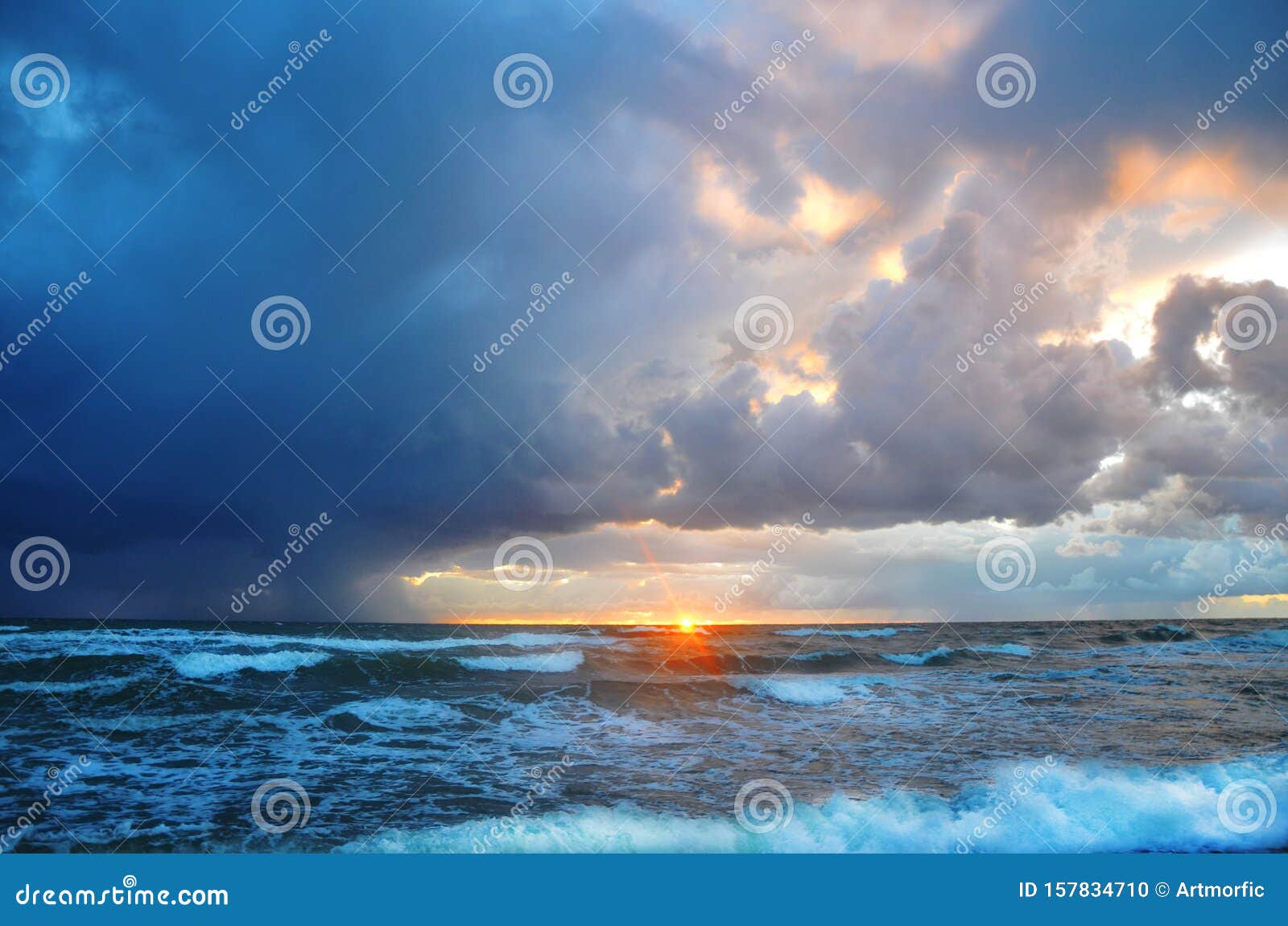 Seashore Sky Orange And Blue Tones Clouds And Sea Waves Beautiful