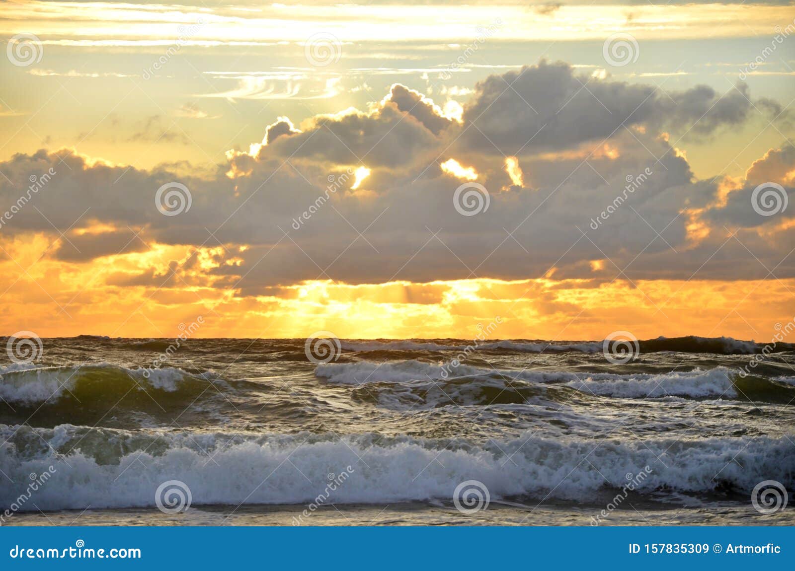 Seashore Sky Orange Tones Clouds And Sea Waves Beautiful Nature Bright