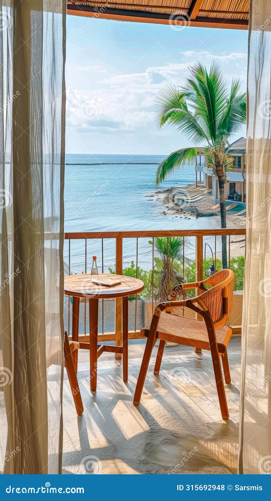 seaside balcony view with curtains..serene scene overlooking tranquil sea