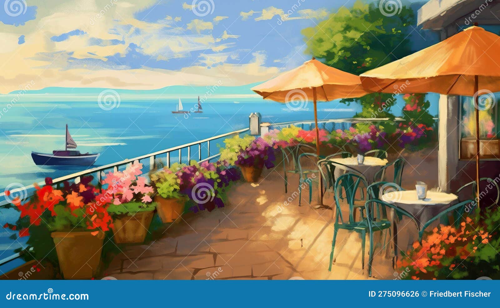 Seaside Cafe or Restaurant with View Over the Sea, Tables, Nobody, AI ...