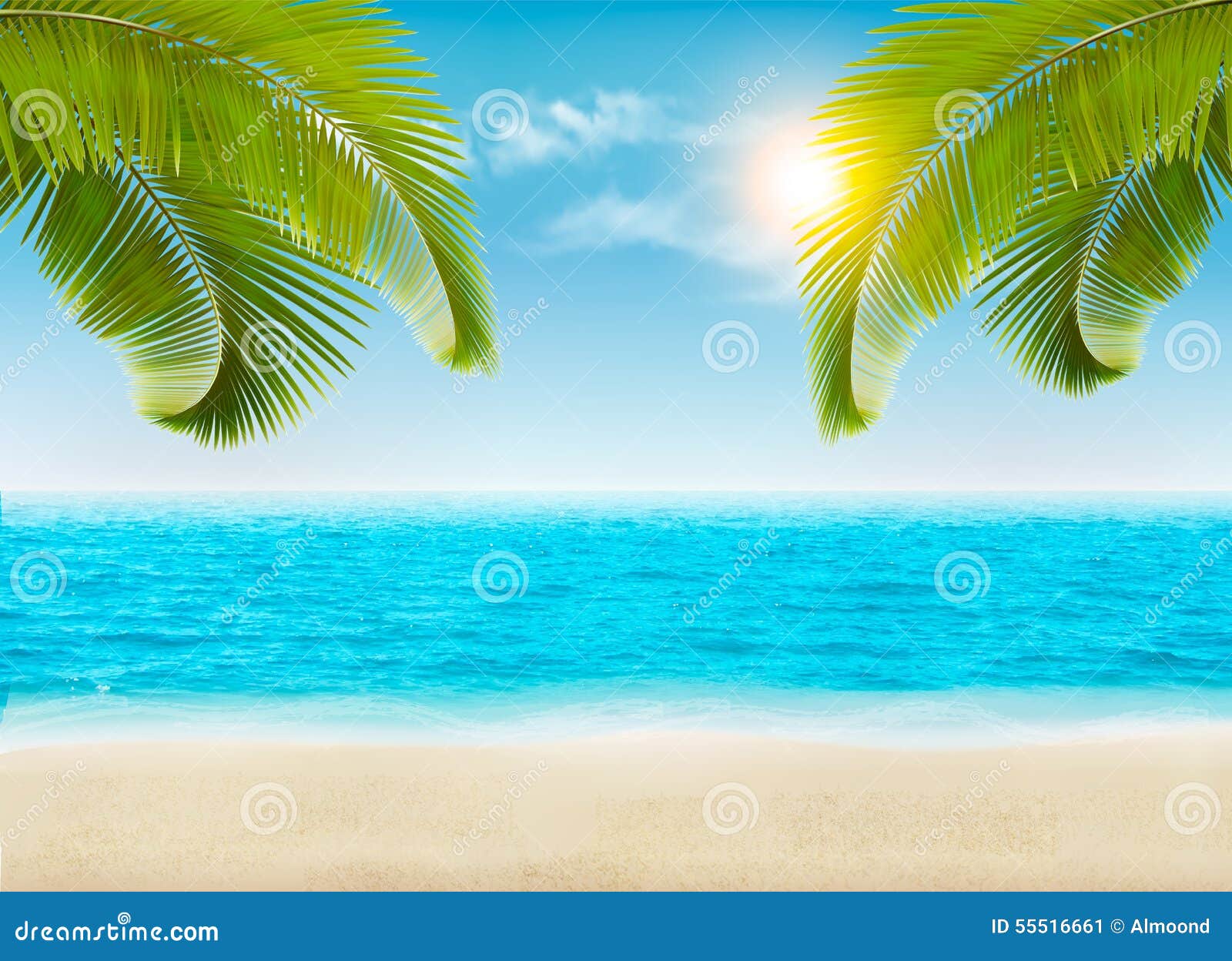 seaside with palms and a beach.