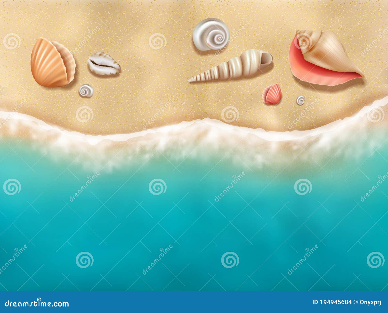 seaside top view. sun beach with seashells on sand near ocean water  realistic background