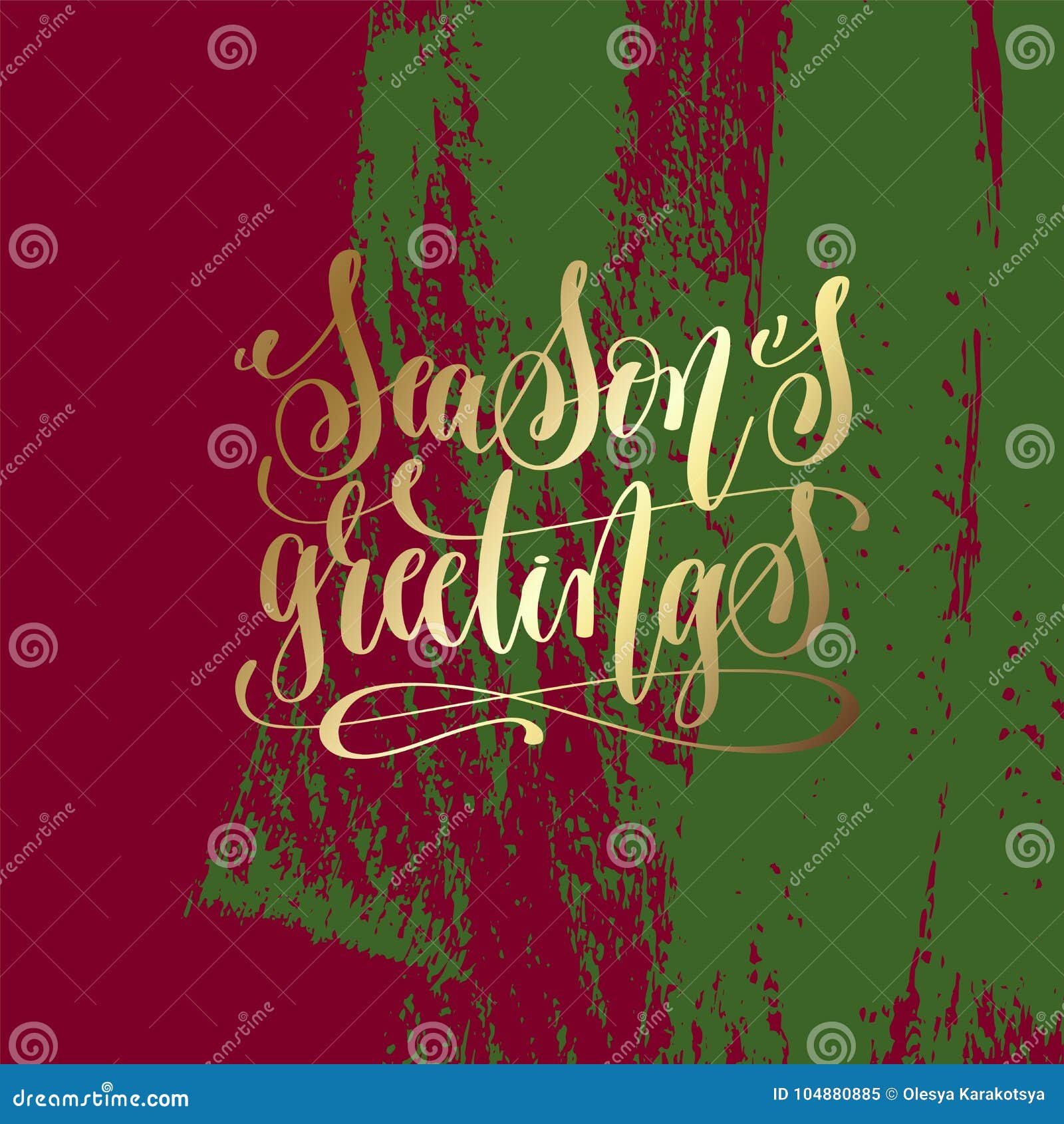 season`s greetings - gold hand lettering on green and purple