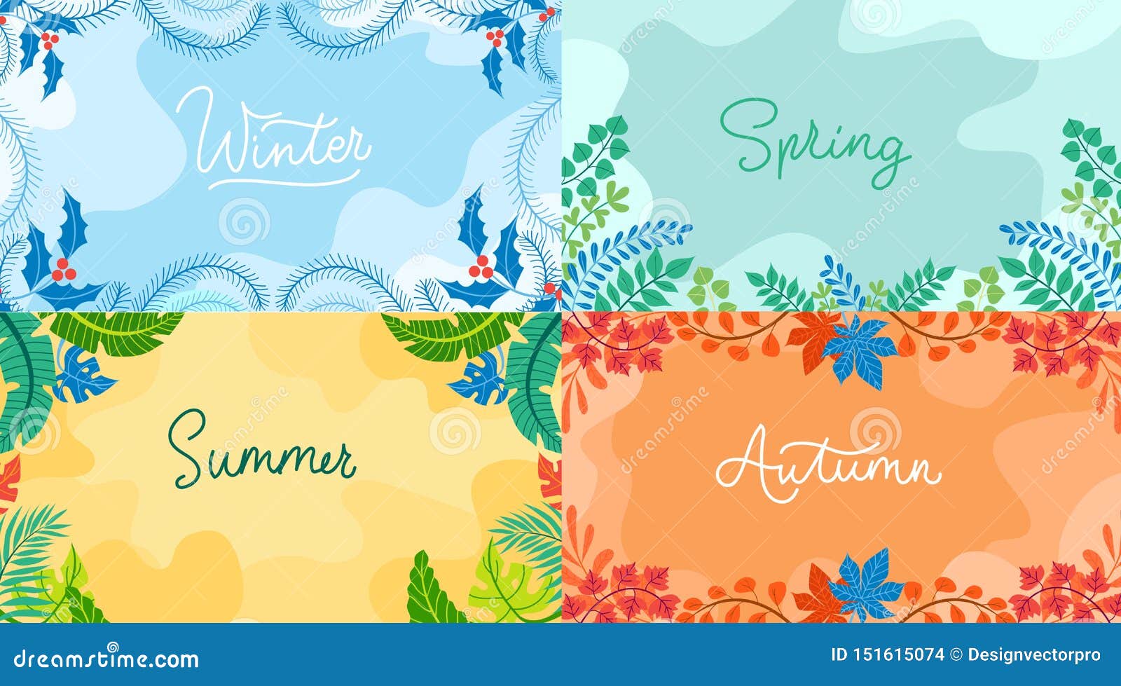 seasonal backgrounds set in flat style. winter, spring autumn summer with seasonal s.  backgrounds collection