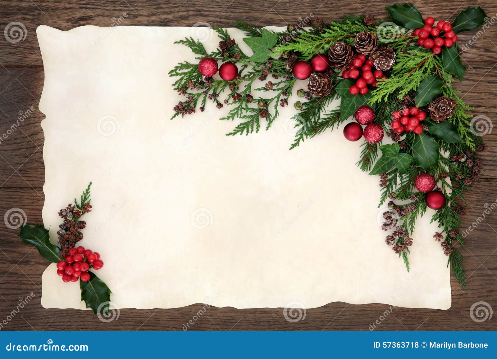 Old fashioned christmas background border with holly, mistletoe, ivy,  juniper fir and pine cones on parchment paper over old oak wood. Stock  Photo