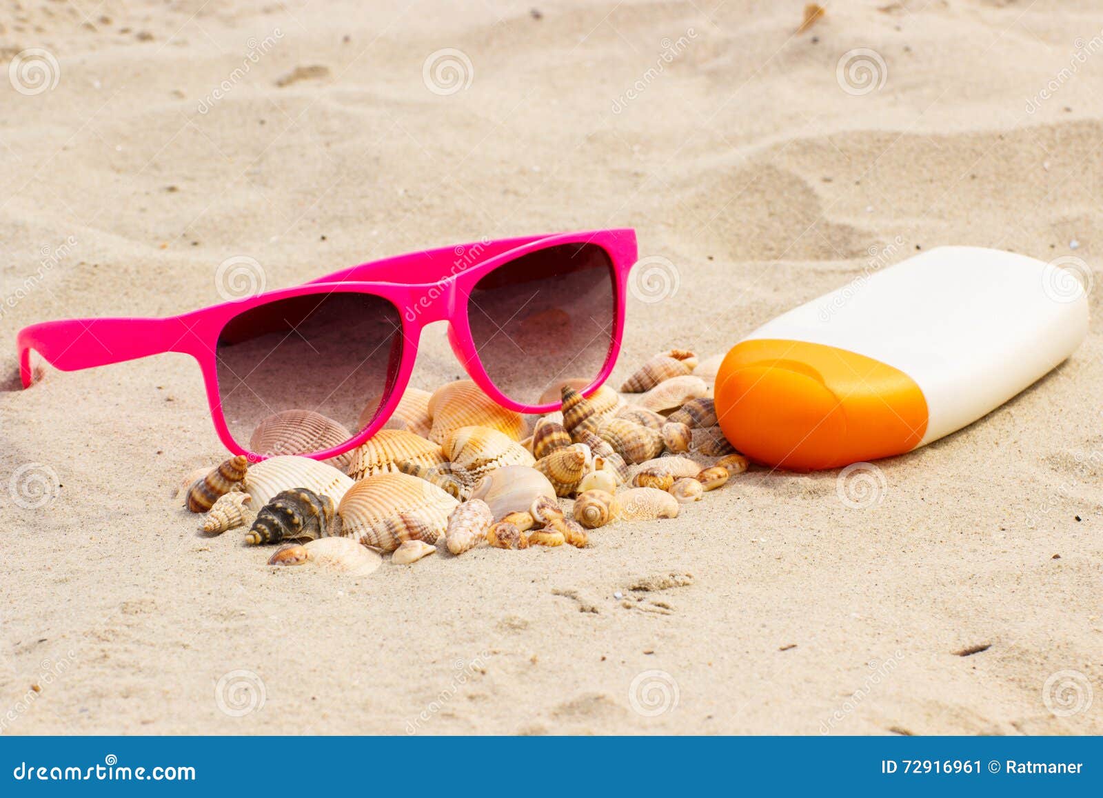 Seasonal Concept, Heap of Shells, Sunglasses and Sun Lotion Stock Image ...