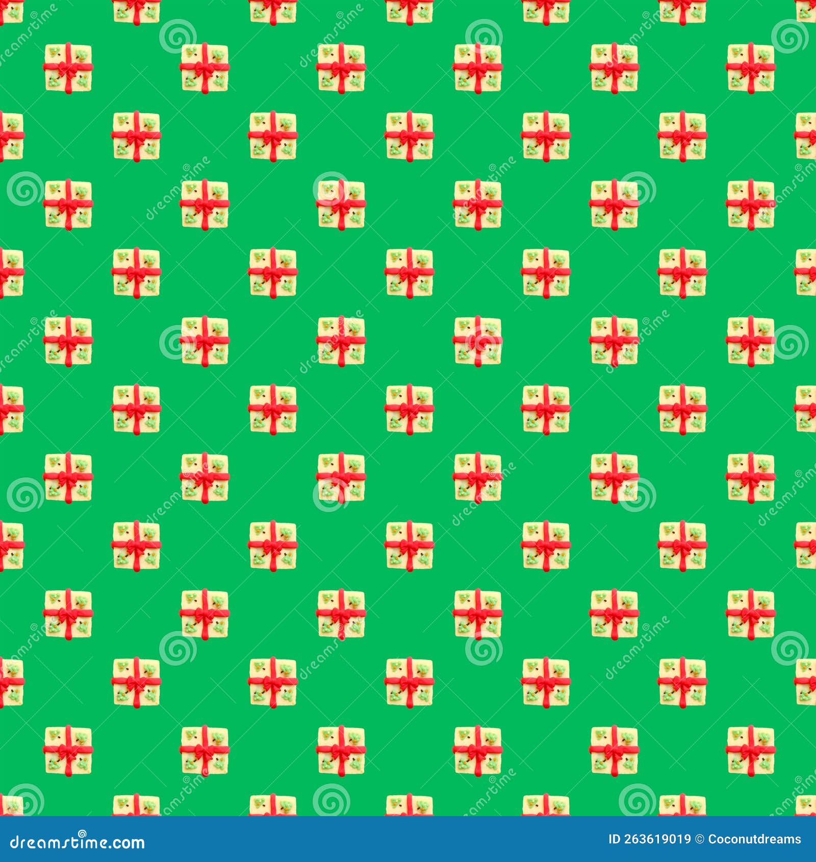 seasonal seamless pattern of gift box d butter cookies on green background