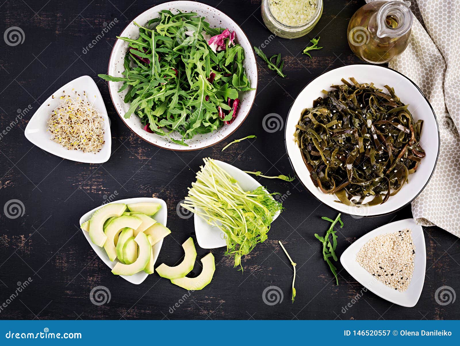Seasoned Seaweed Salad and Fresh Herbs. Top View Stock Image Image of