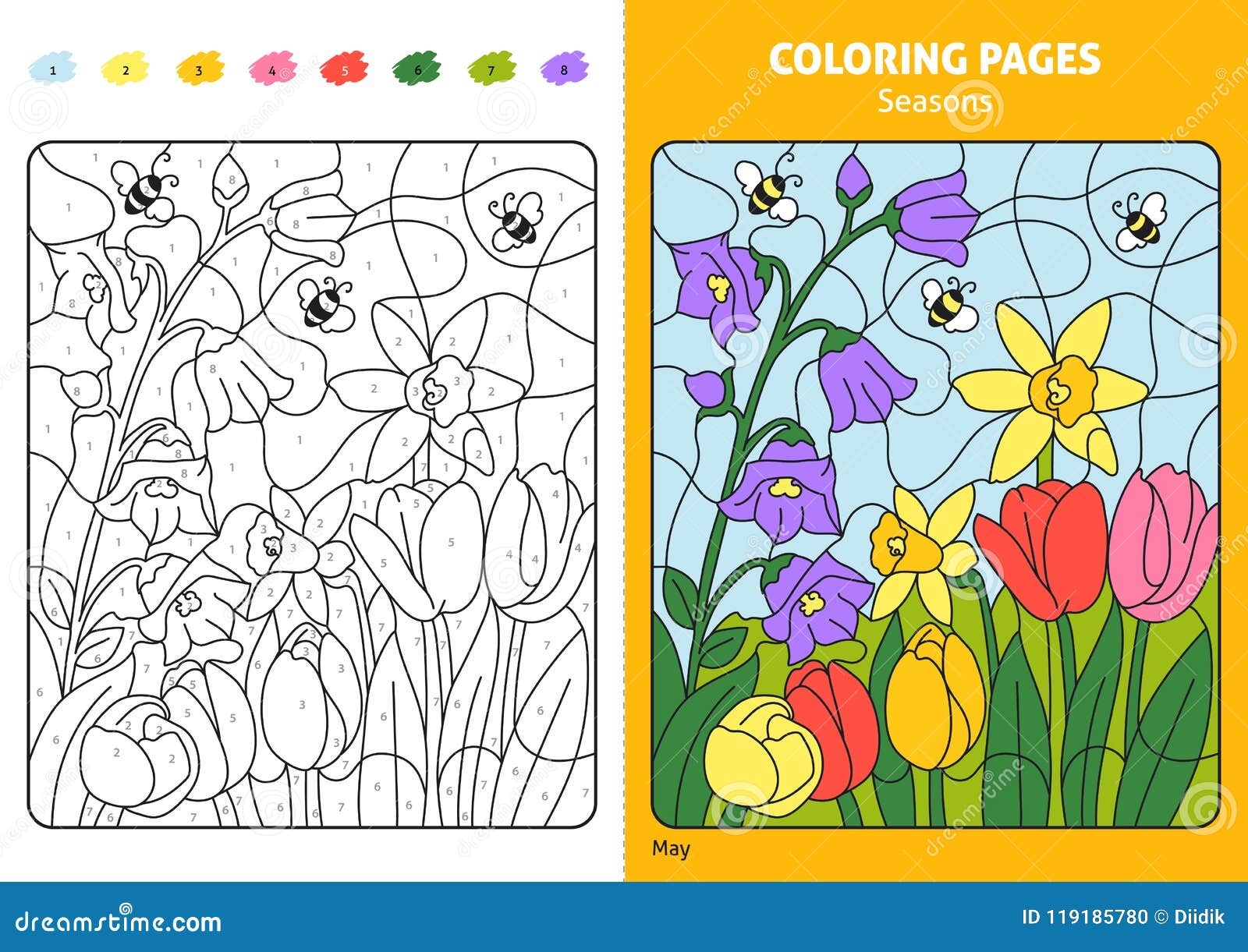 Seasons Coloring Page For Kids May Month Vector Illustration seasons-coloring-page-for-kids-may-month-vector-illustration