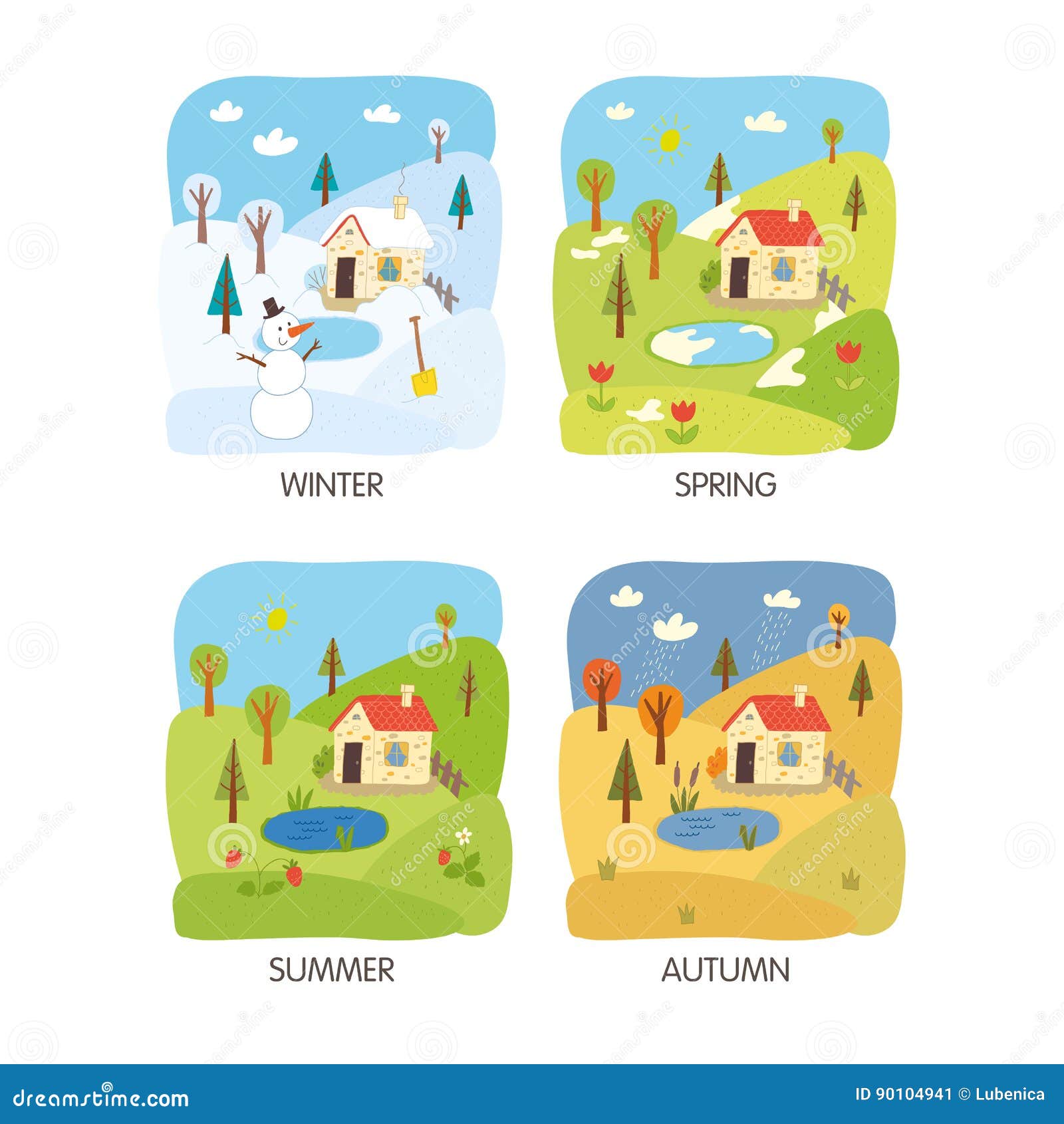 4 seasons landscape. stock vector. Illustration of greeting - 90104941