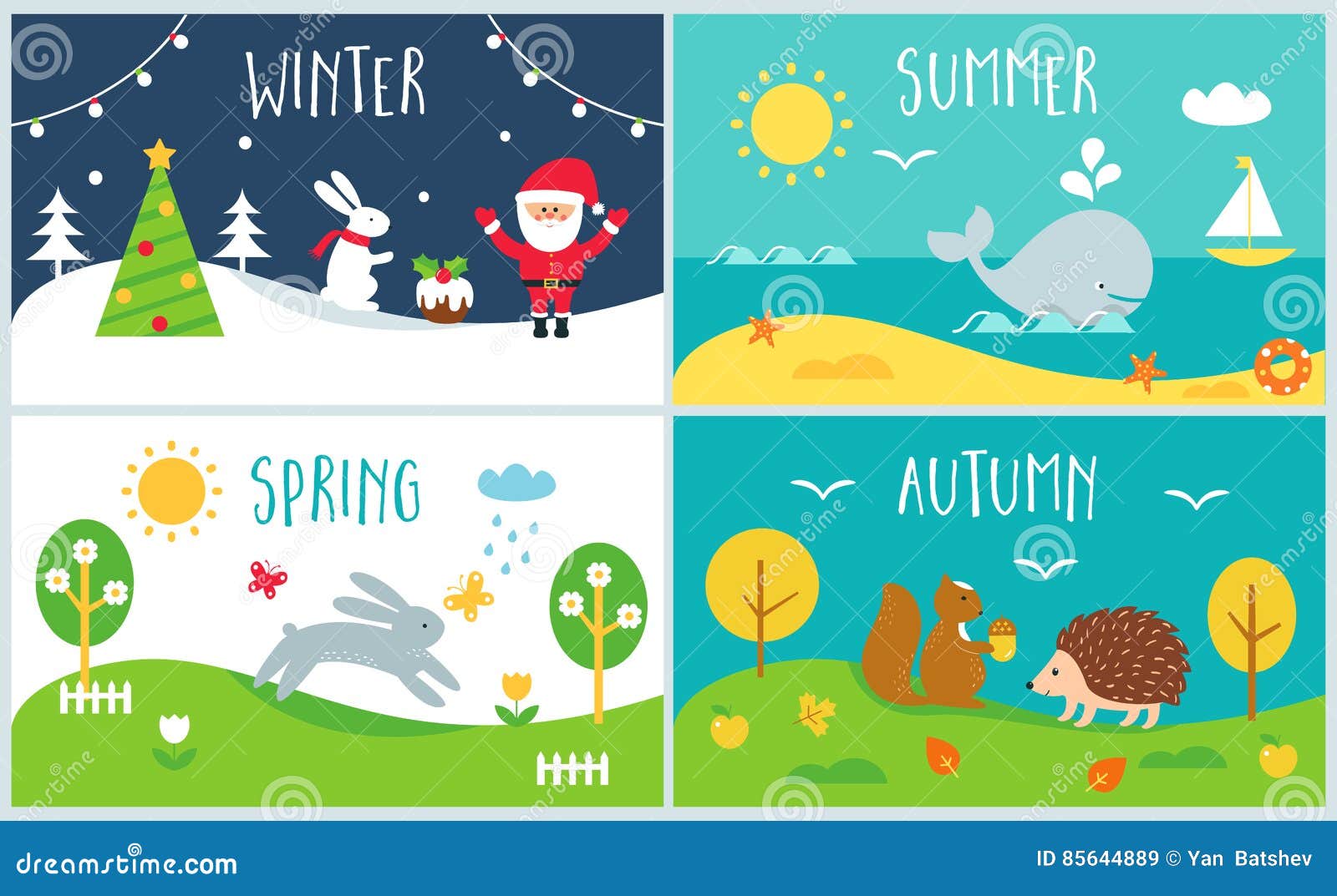 Seasons of the Year Cards. Winter, Spring, Summer, Autumn Stock Vector - Illustration of snow, school: 85644889 Seasons of the Year Cards. Winter, Spring, Summer, Autumn Stock Vector - Illustration of snow, school: 85644889