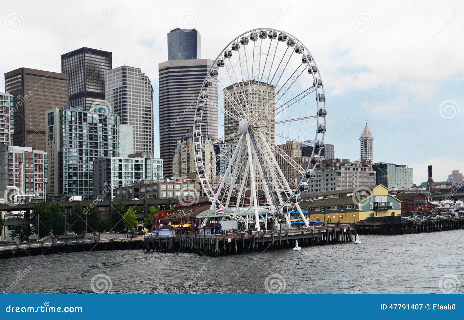 Seattle Skyline and the Big Wheel on the Waterfront. Editorial