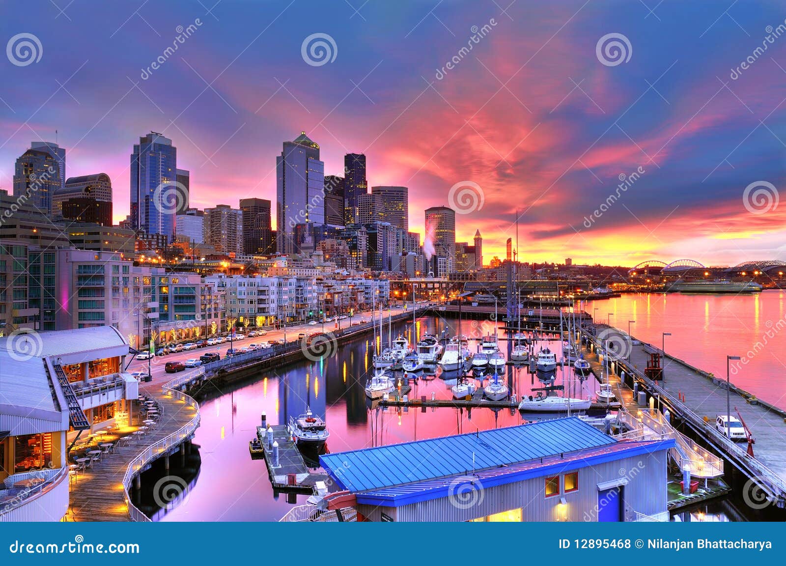 seattle skyline and waterfront in sunrise