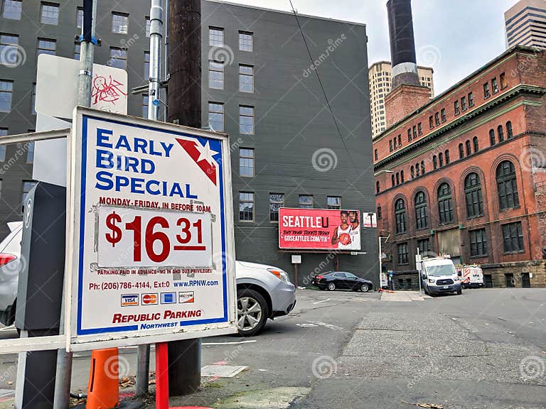 View of the Early Bird Special Parking Rates for Republic Parking Northwest Vehicle Lot in
