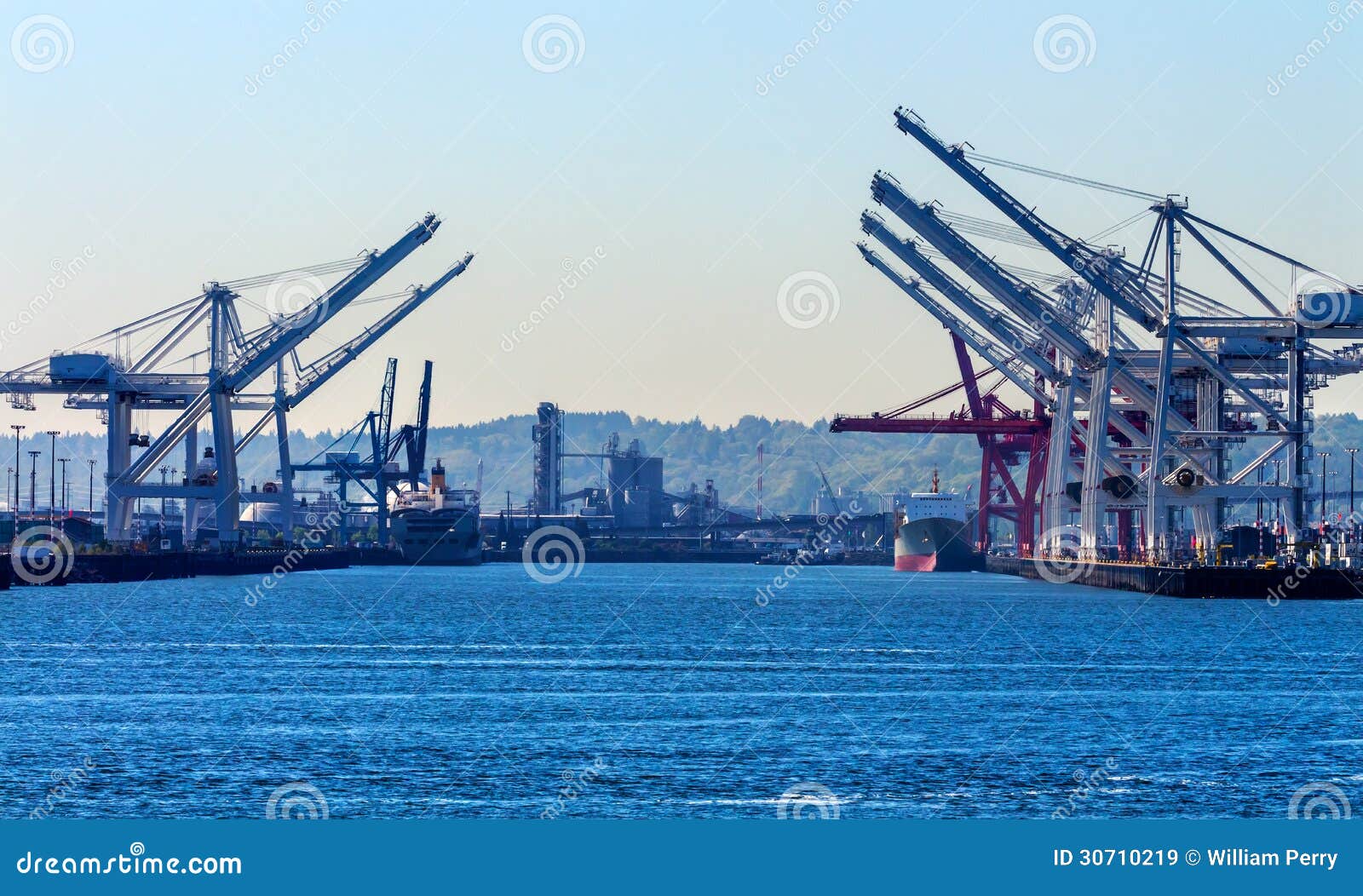 seattle washington port with red white cranes and freighters