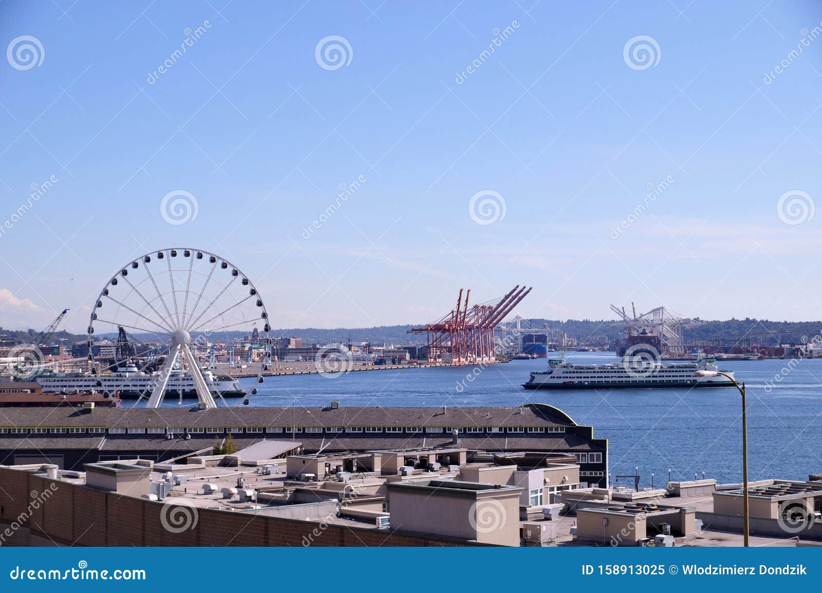 Seattle Waterfront and Port Panorama. Washington State Stock Image