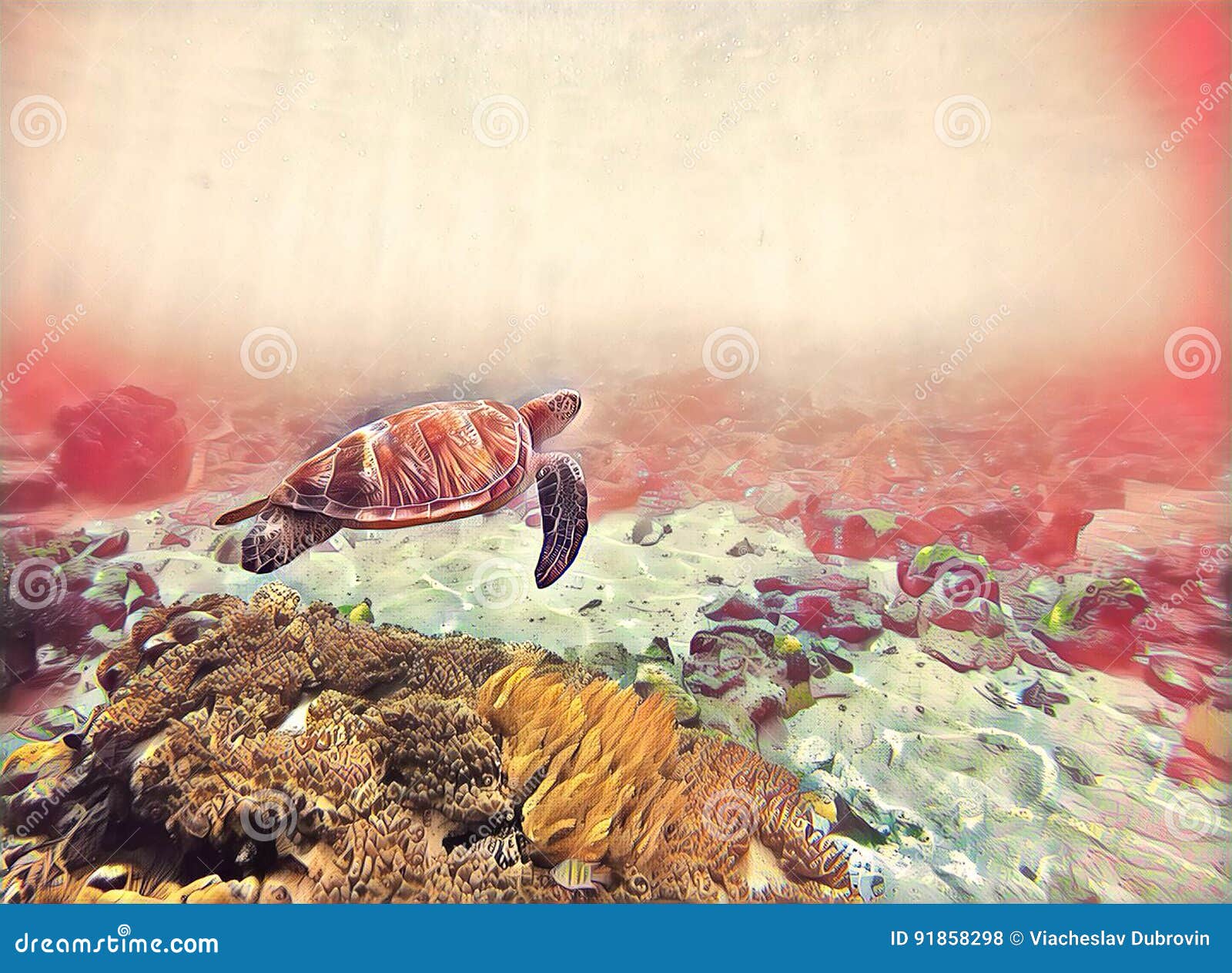 seawater with green turtle. marine animal fantastic digital .