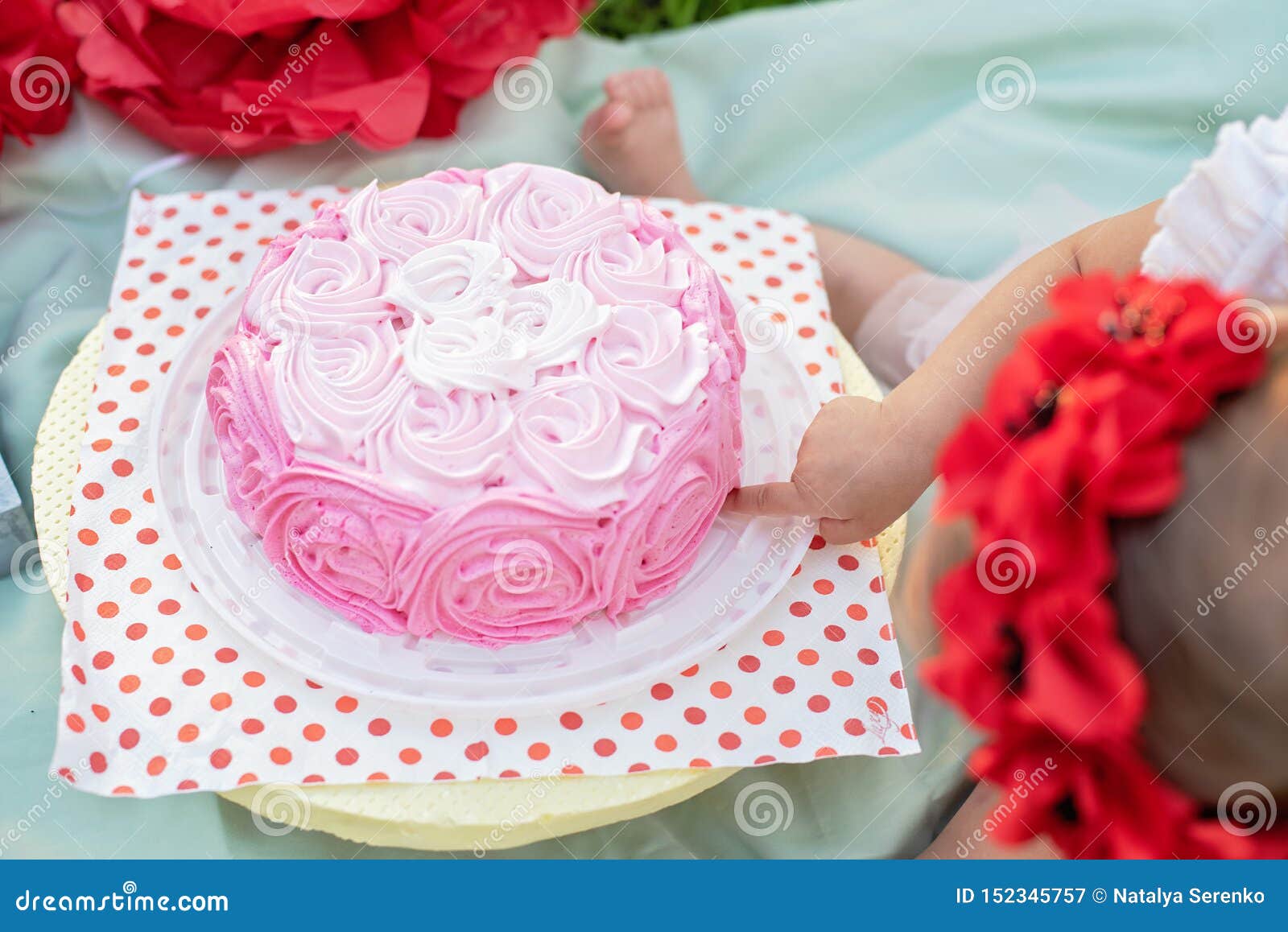 Second Birthday Of Little Girl Two Years Old Girl Sitting Near Celebration Decorations And Eating Her Birthday Cake Cake Smash Stock Image Image Of Gourmet Green 152345757