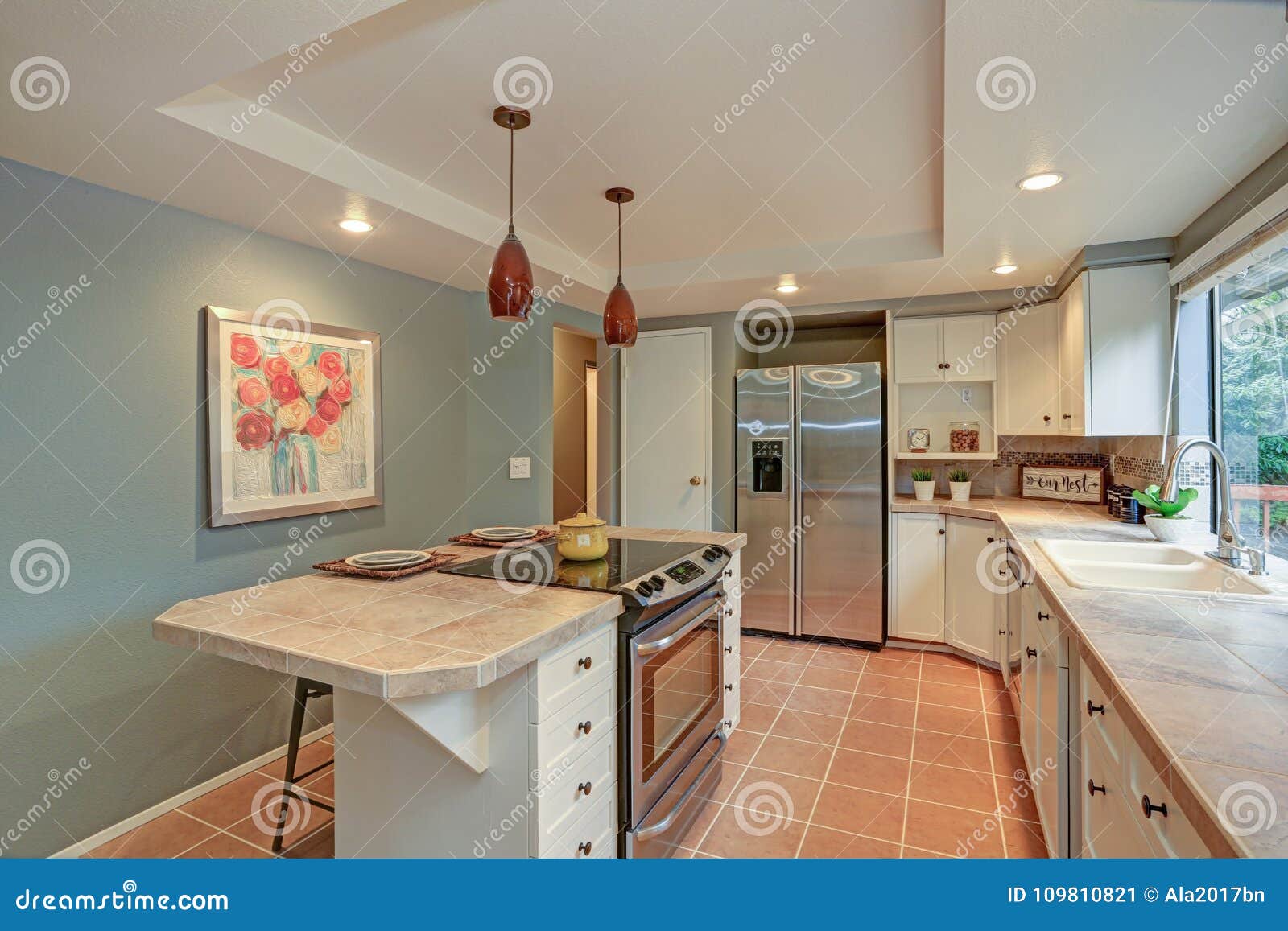 Second Floor Kitchen Boasts Tray Ceiling Island Stock Image