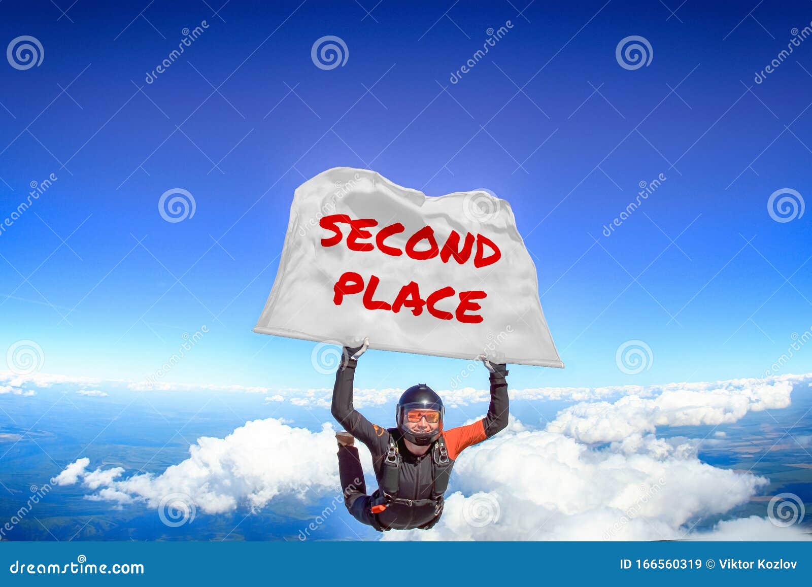 second place. flag in skydiving. people in free fall.teampleat skydiver. extreme sport.