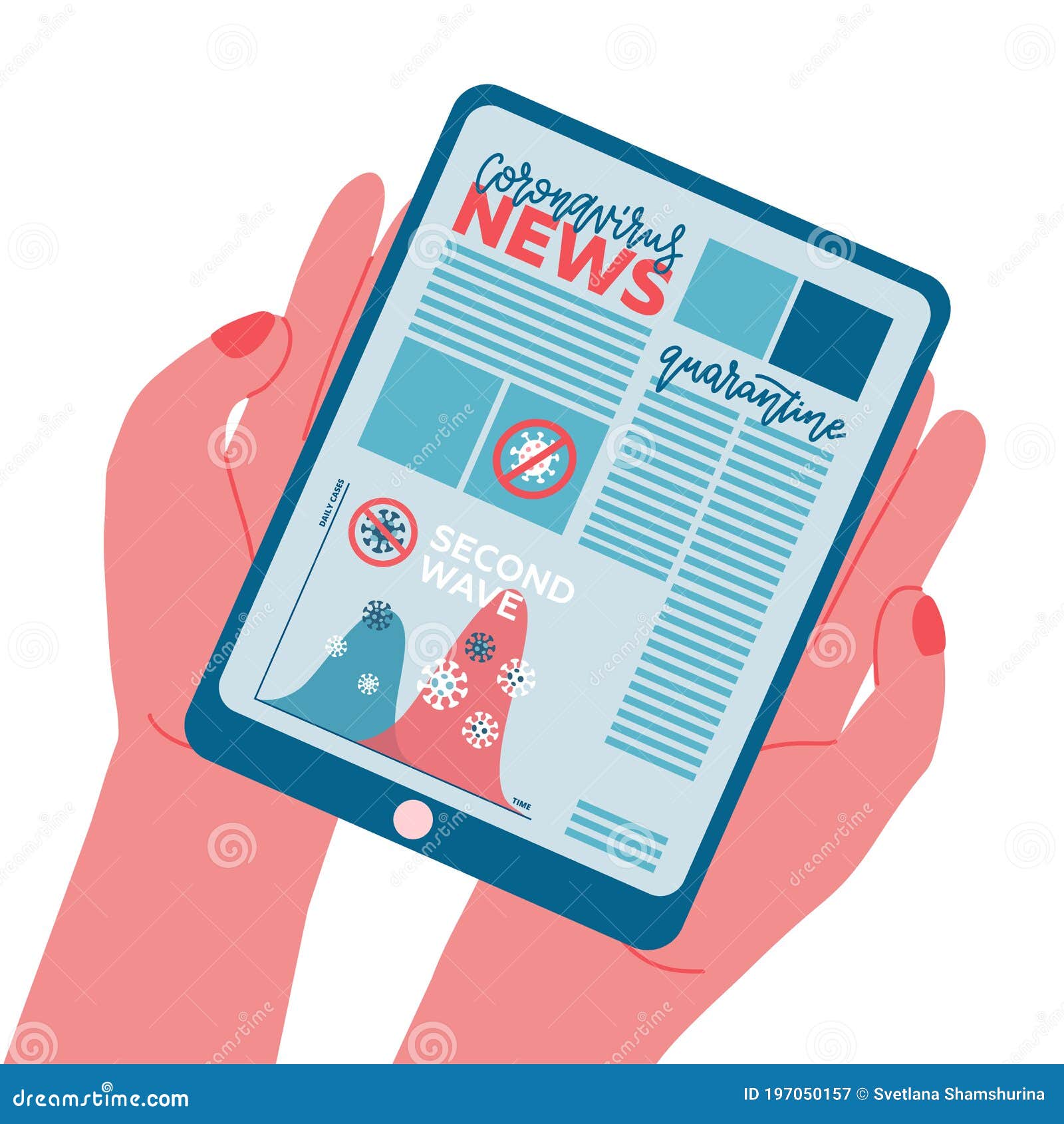 second wave news banner on tablet pc screen. ipad front view and coronavirus warning on blue background. text with