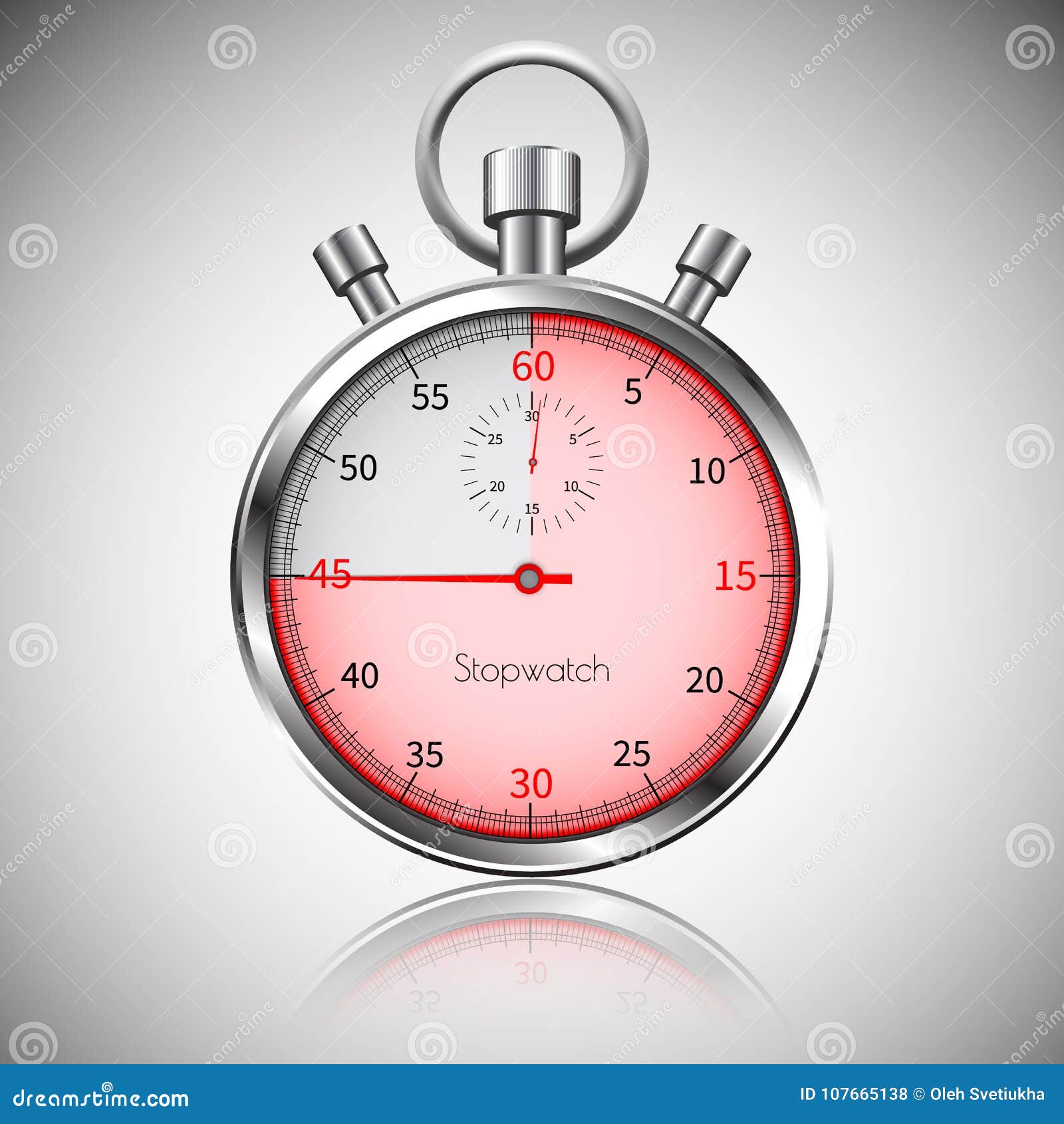 45 Seconds. Silver Realistic Stopwatch with Reflection Stock Vector