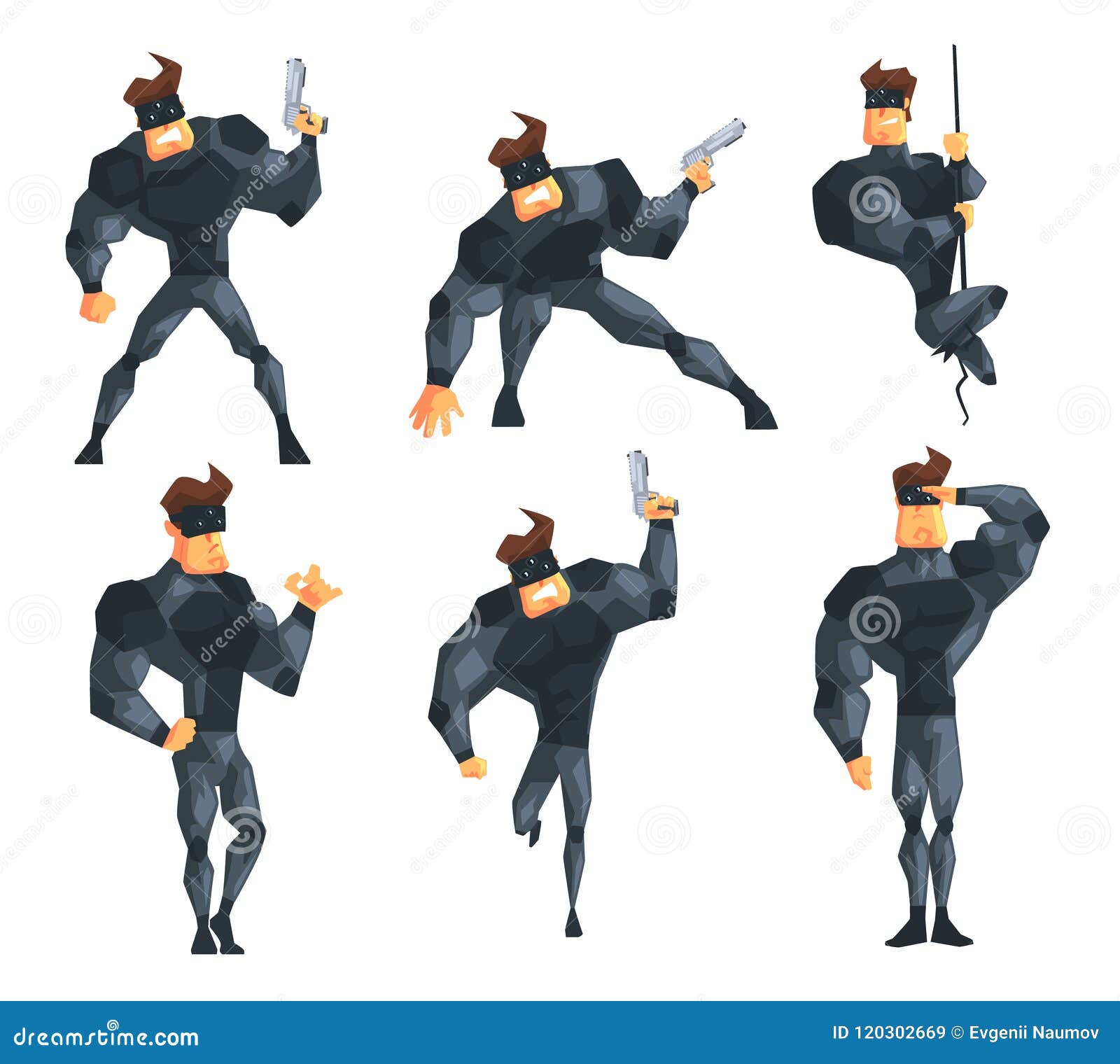Secret Agent in Different Actions. Posing with Gun, Hanging on Rope,  Running and Saluting. Muscular Man in Costume and Stock Vector -  Illustration of agent, comic: 120302669