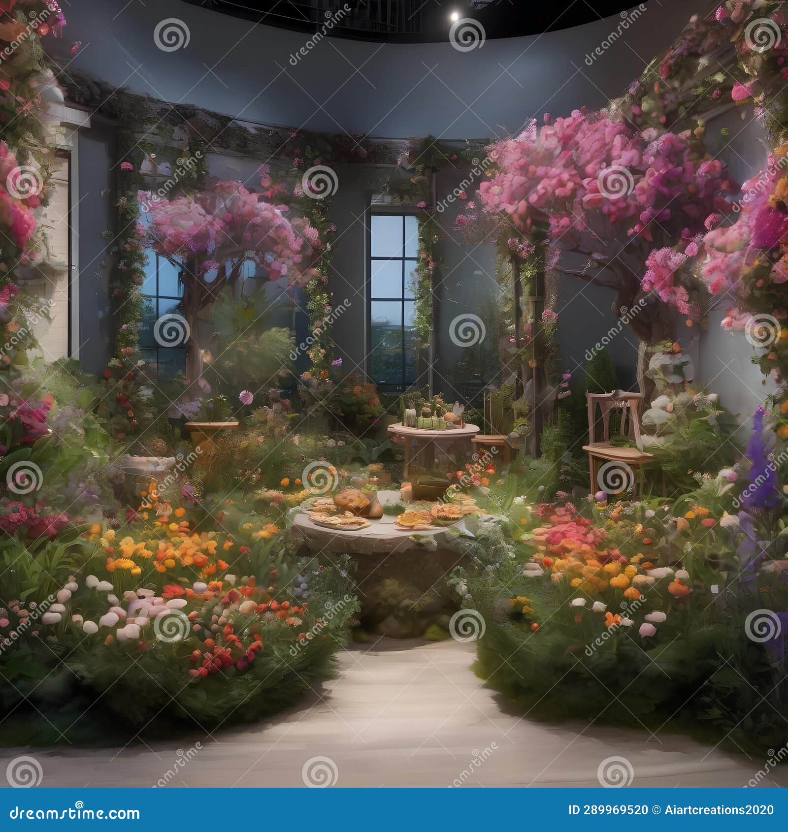 a secret garden with edible flowers and a hidden feast beneath a blooming, candied tree2