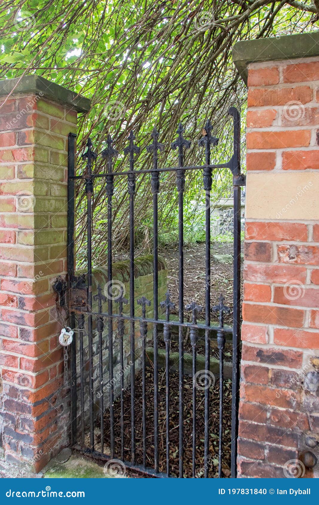 Secret Garden. Iron Gate with Padlock at Walled Garden Entrance Stock