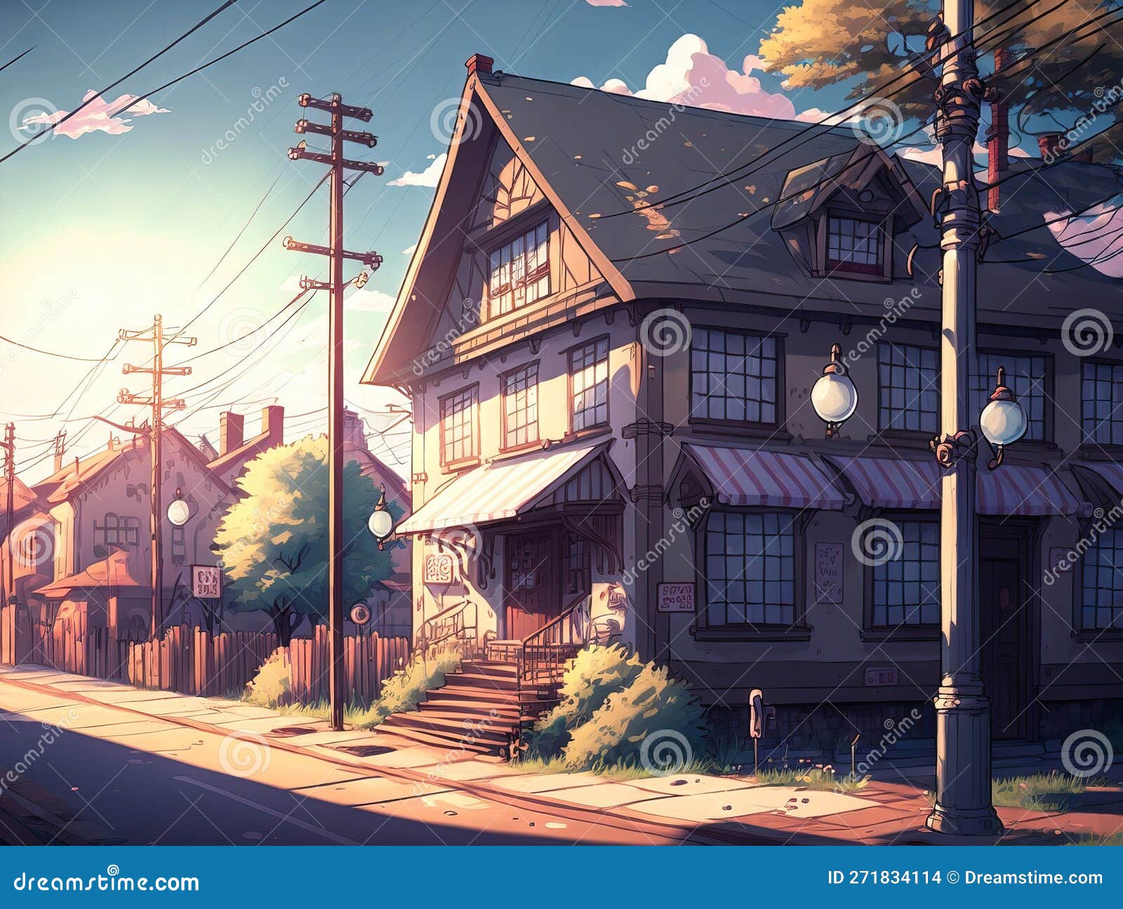 Secret Town Day, 2D Illustration with an Anime Backdrop Stock Illustration  - Illustration of clouds, famous: 271834114