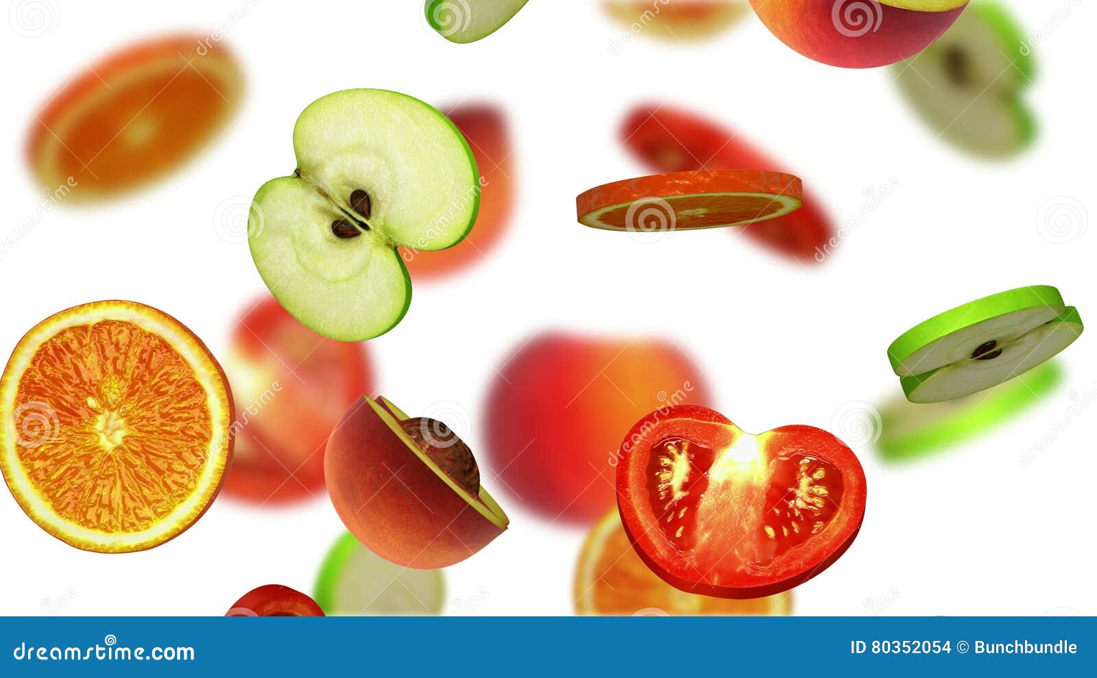Sections of Fruits Falling on White Background, 3d Illustration Stock