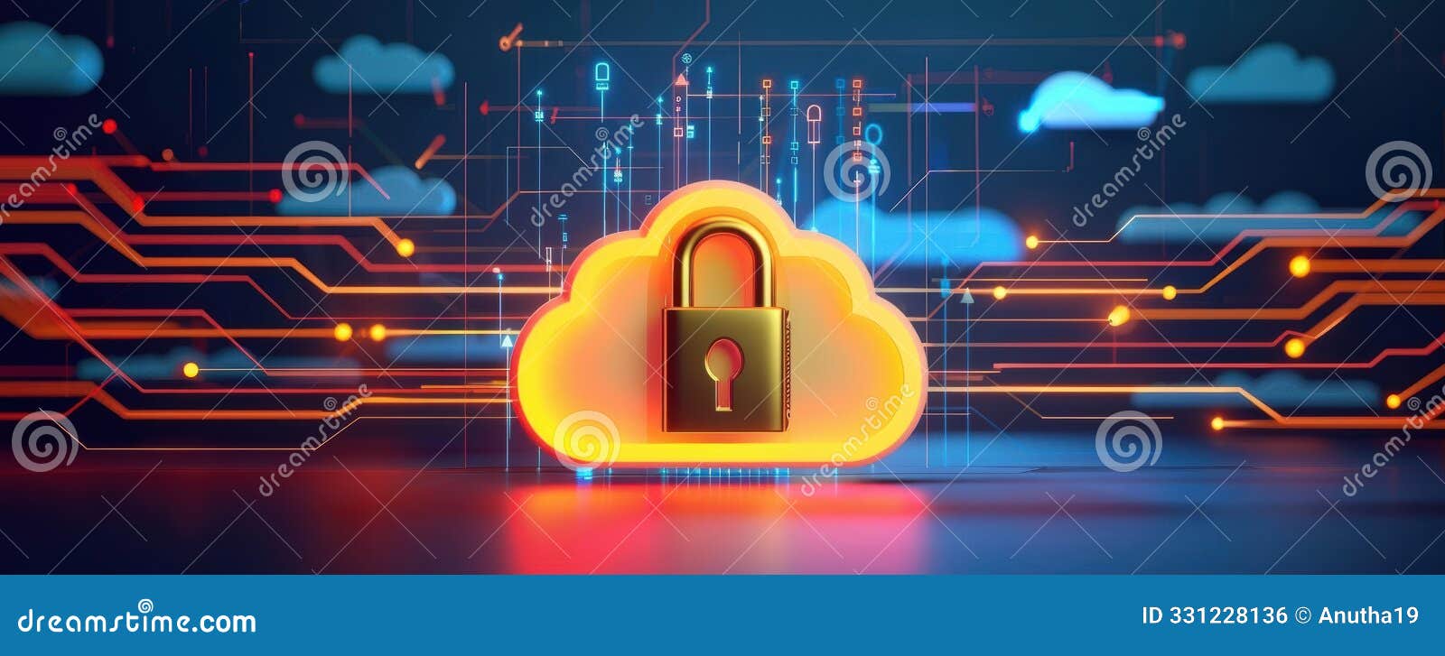 secure cloud data protection visual, showcasing digital safeguards on a modern tech backdrop