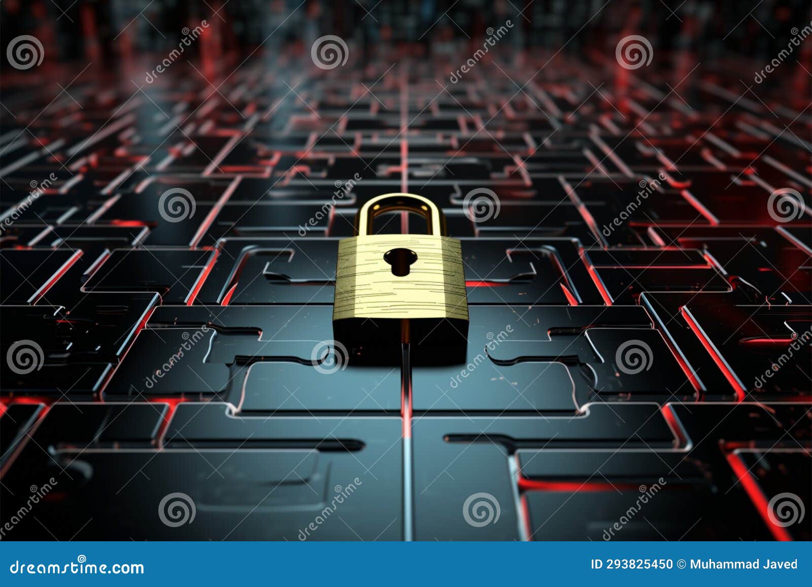 secure 3d lock with a tech inspired backdrop and subtle blue lines
