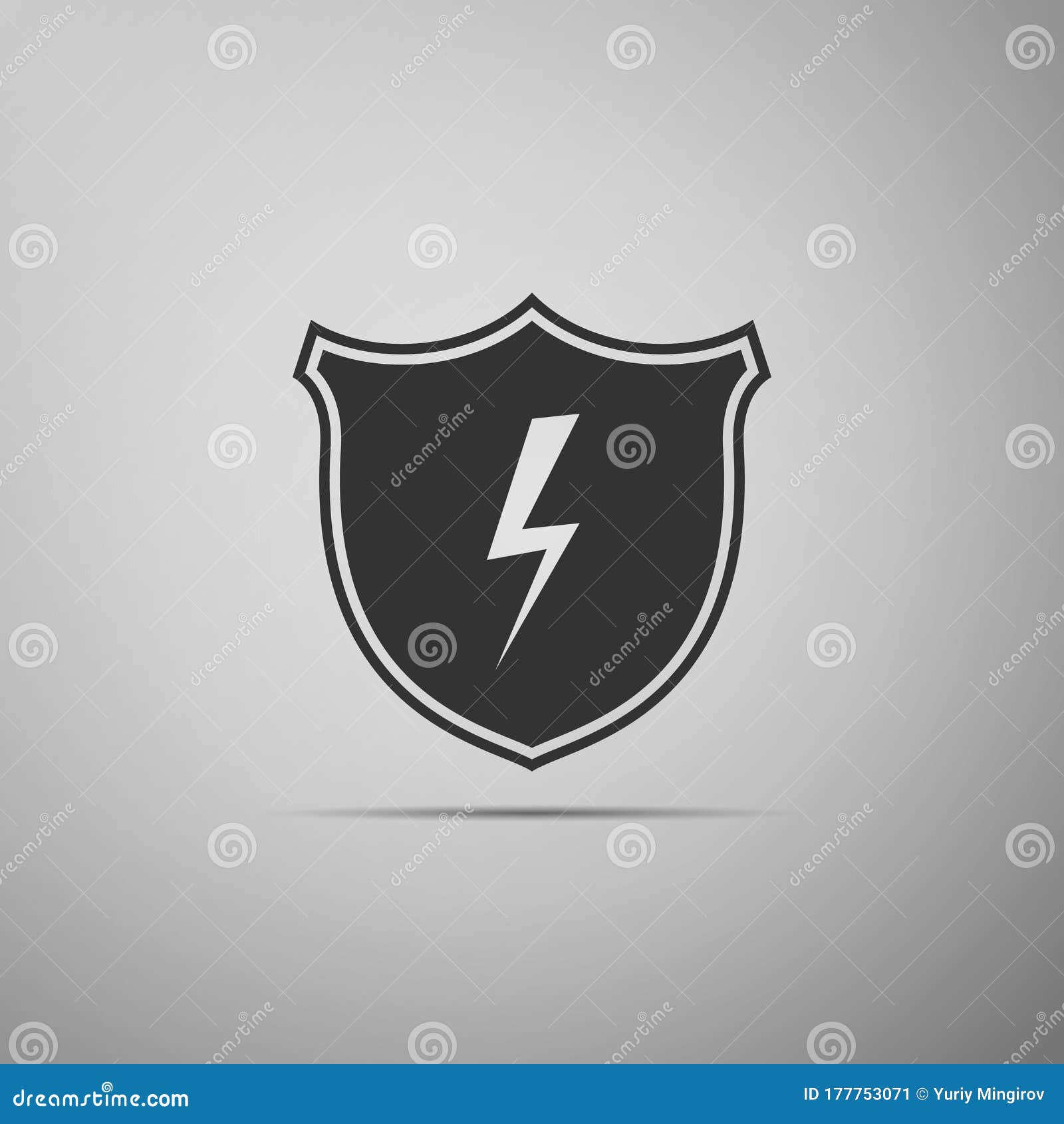 Secure Shield with Lightning Icon Isolated on Grey Background Stock