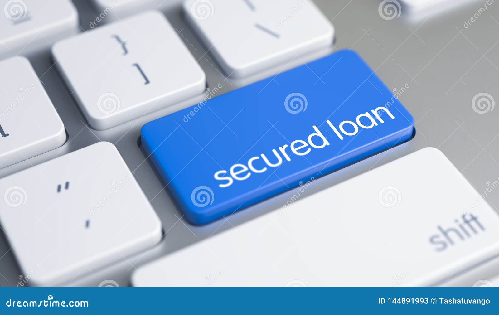 secured loan - caption on blue keyboard key. 3d.