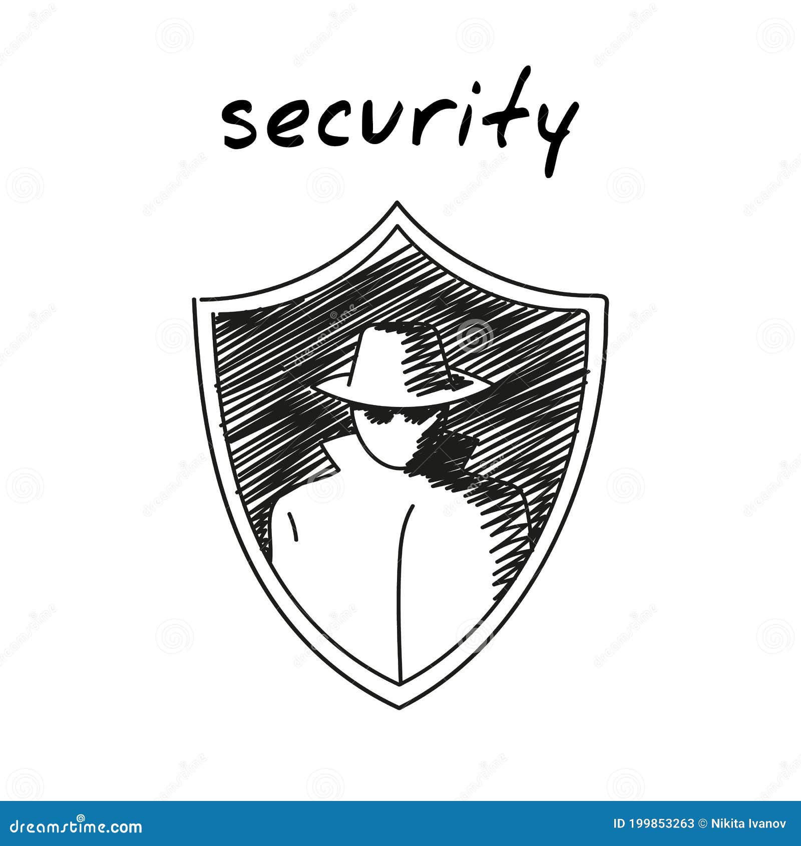 Security Badge Shield Handdrawn Icon. Cartoon Vector Clip Art of a Shield  with an Image of a Spy Man in a Hat, Glasses and Coat. Stock Vector -  Illustration of outline, incognito