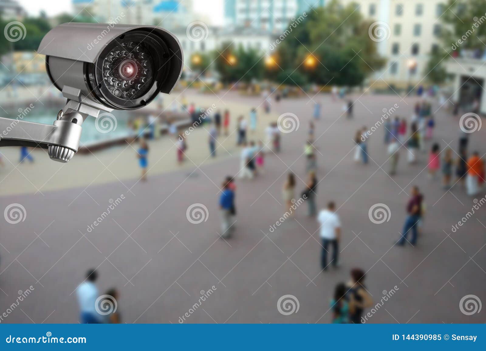 Security Camera, Blurry Street with People on the Background Stock