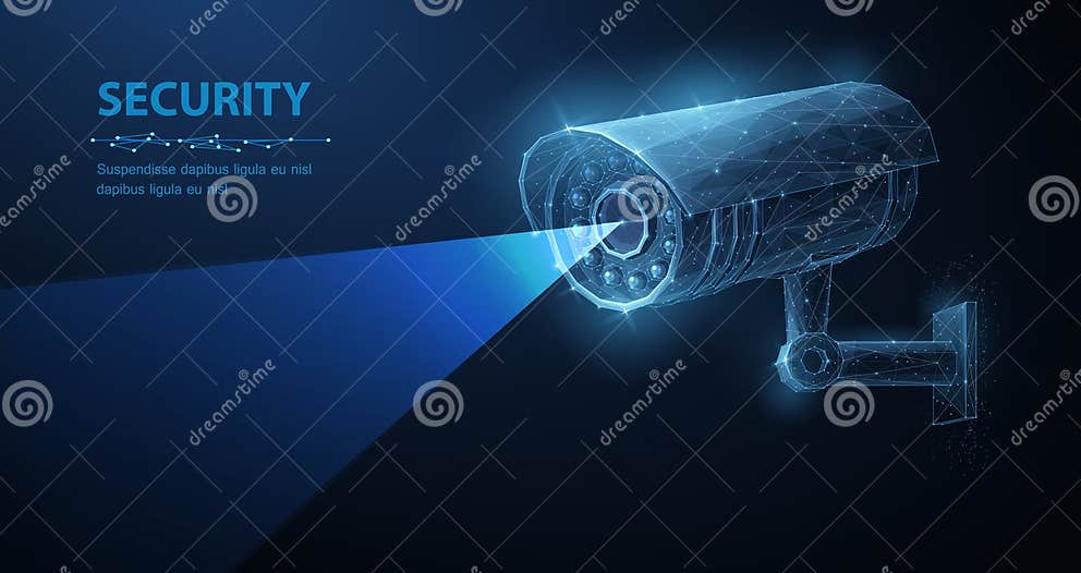 Security Camera. Vector Low Pole Illustration. Isolated on Blue