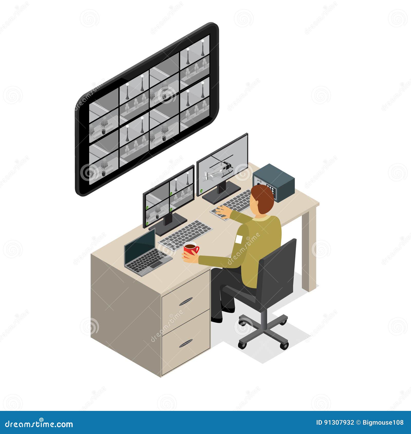 security guard monitoring service isometric view. 